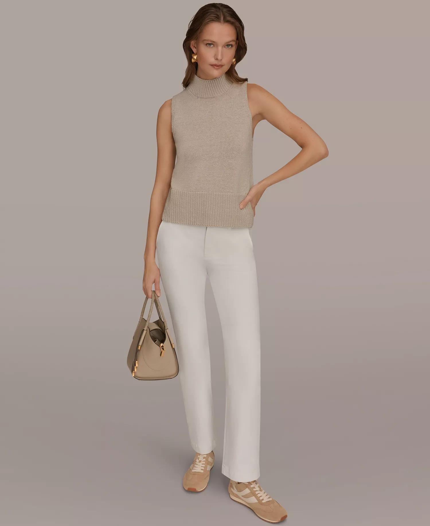 Women's Sleeveless Mock Neck A-Line Sweater - Tuscan Grey - L