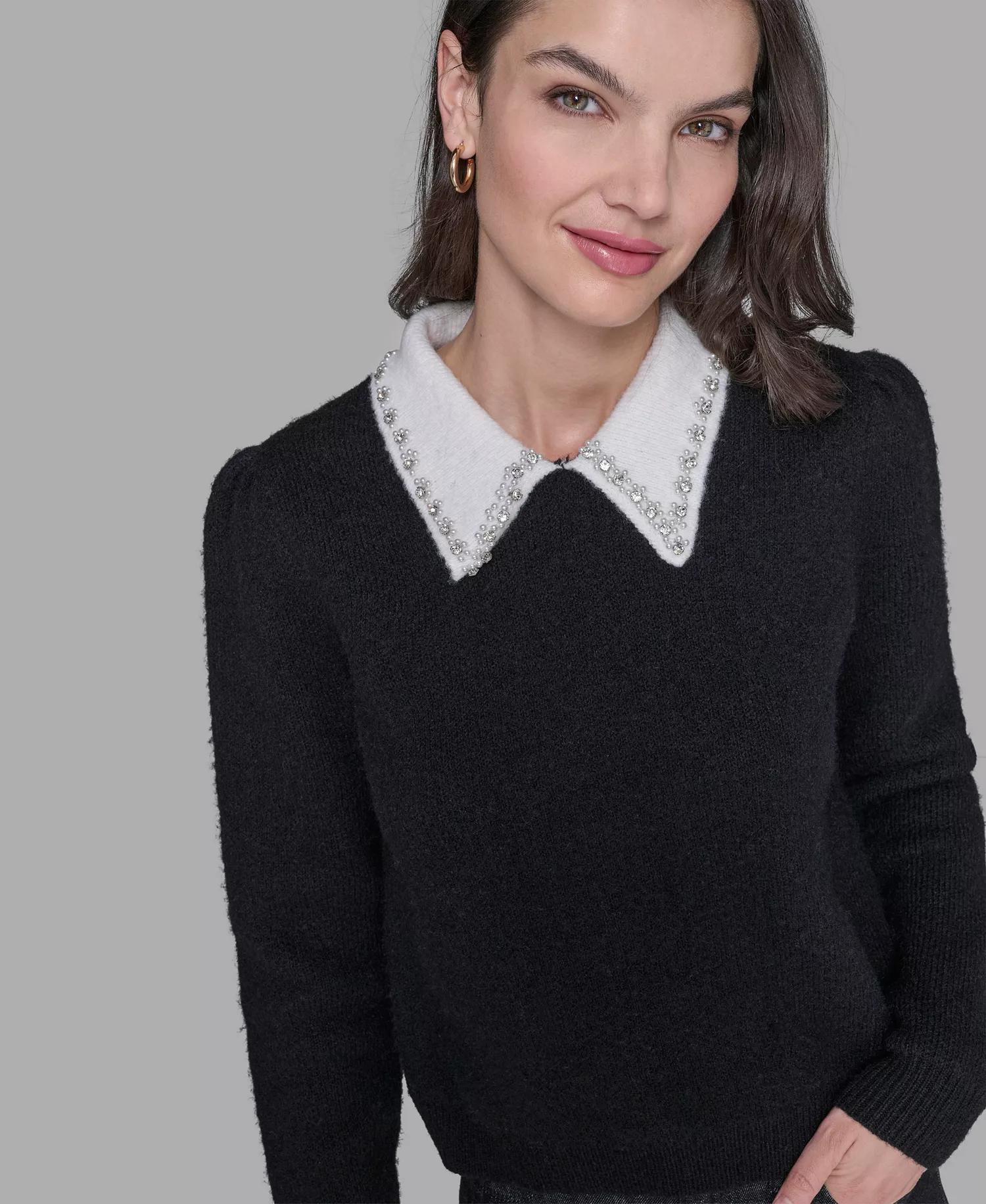 Women's Contrast Collar Sweater - Black/soft White - L
