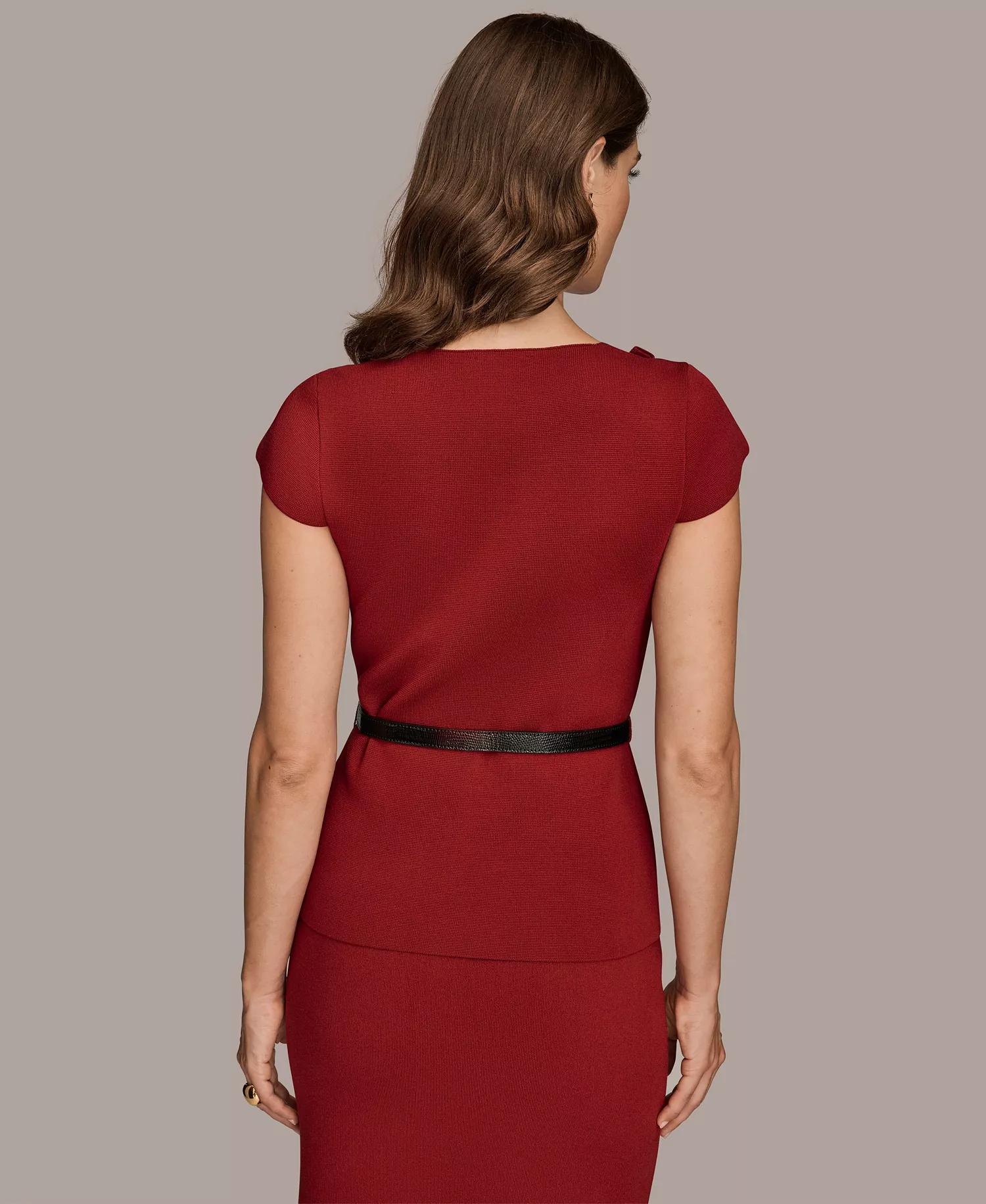 Women's Short Sleeves Asymmetric Belted Sweater - Metropolitan Red - L