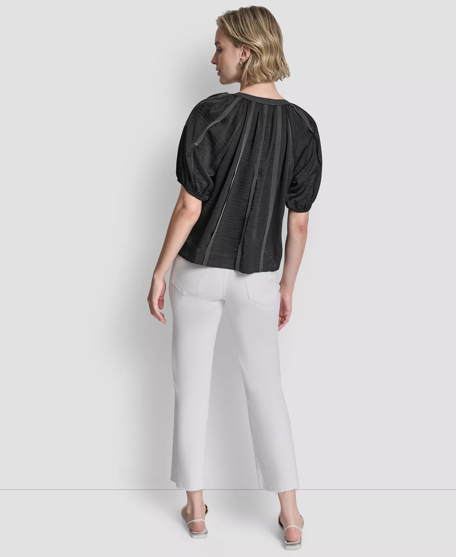 Women's Puff-Sleeve Top Stitch Tie Front Blouse - Black - L