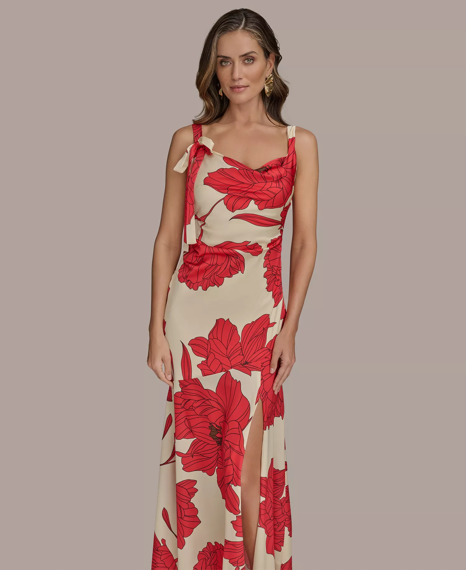 Women's Printed Cowl-Neck Gown - Sahara Red - 14