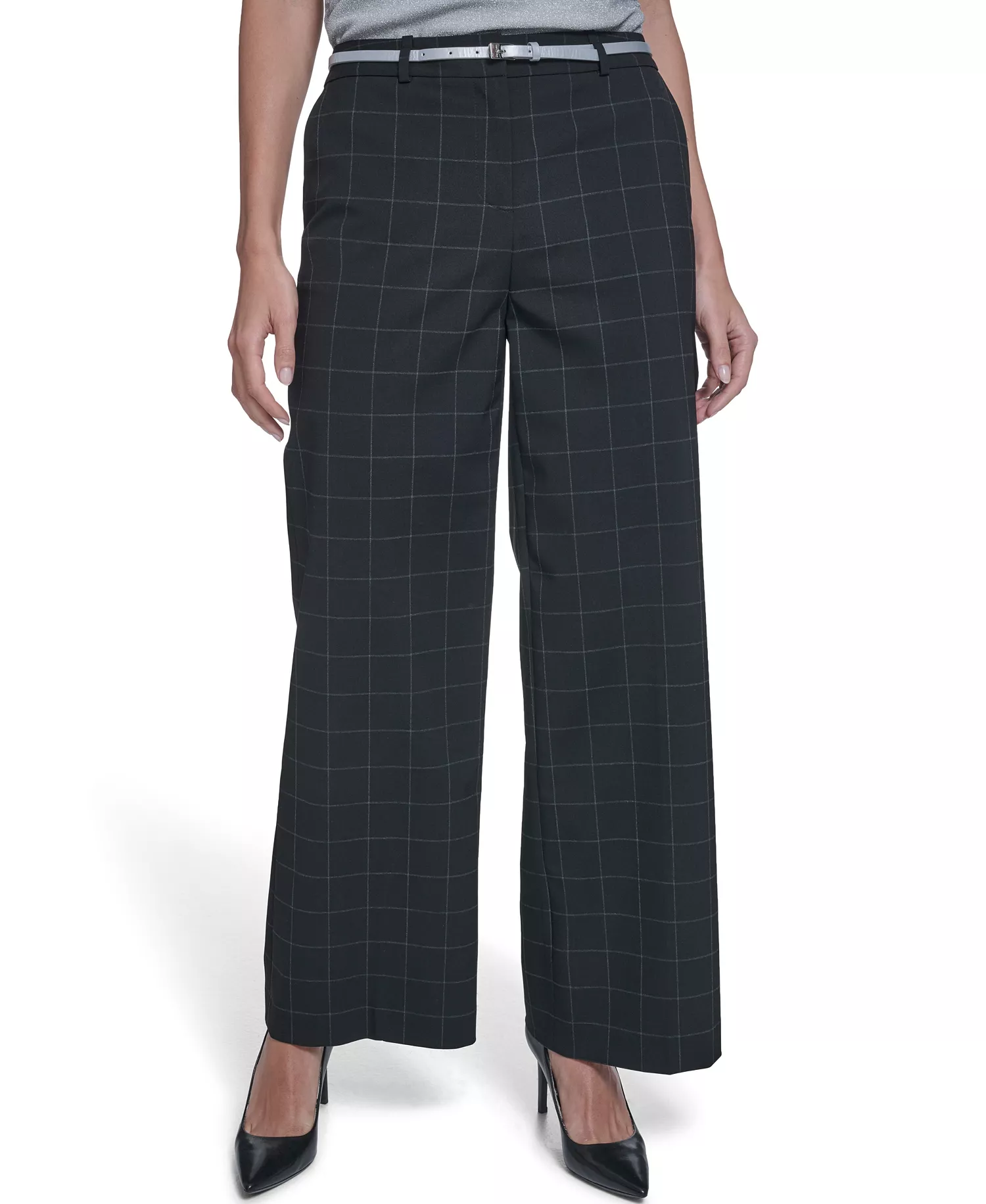 Women's Windowpane Wide-Leg Pants - Black/white - 10