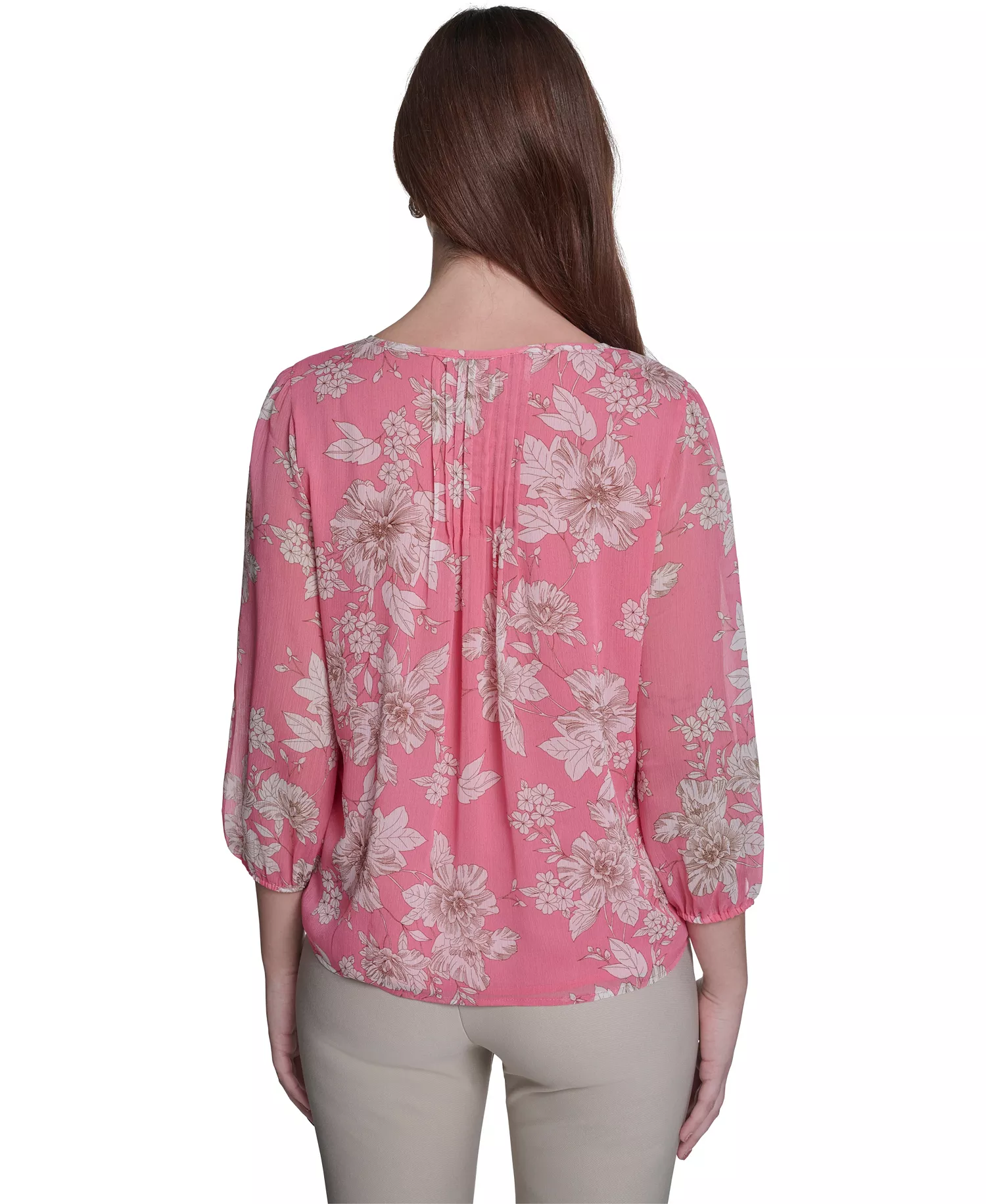 Women's Floral Pintuck V-Neck Blouse - Pink Tulip Multi - L