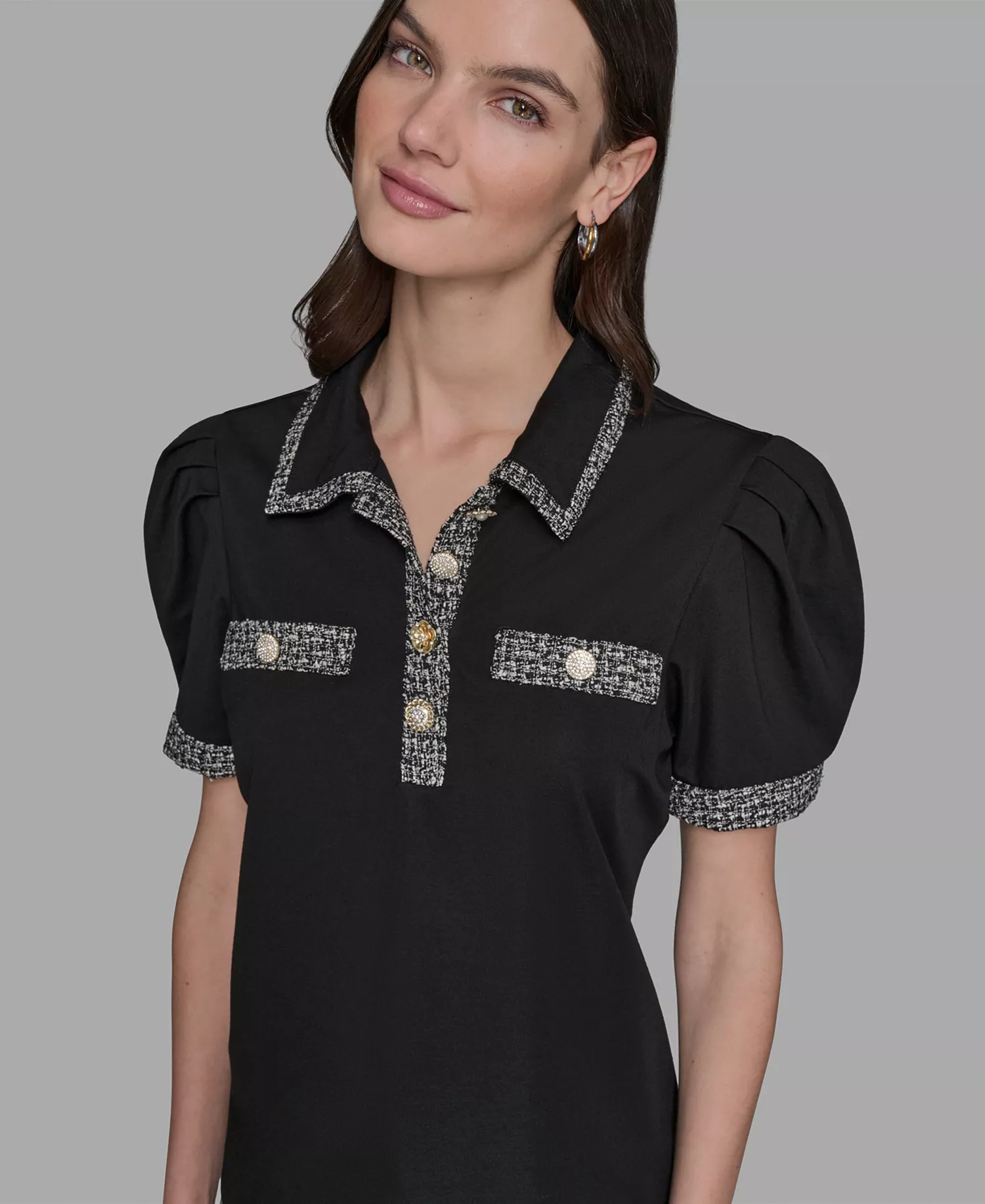 Women's Short Sleeve Tweed Trim Knit Top - Black - L