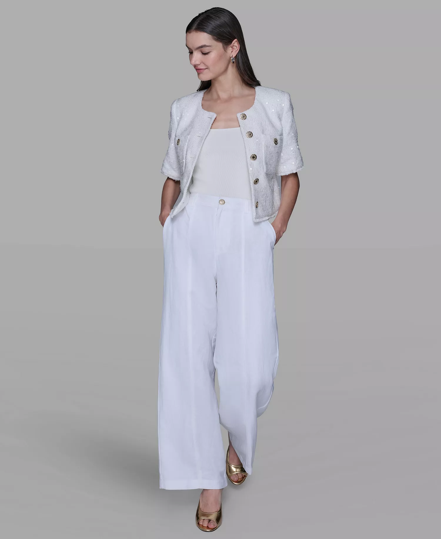 Women's Crew Neck Front Button Jacket - Soft White - 10