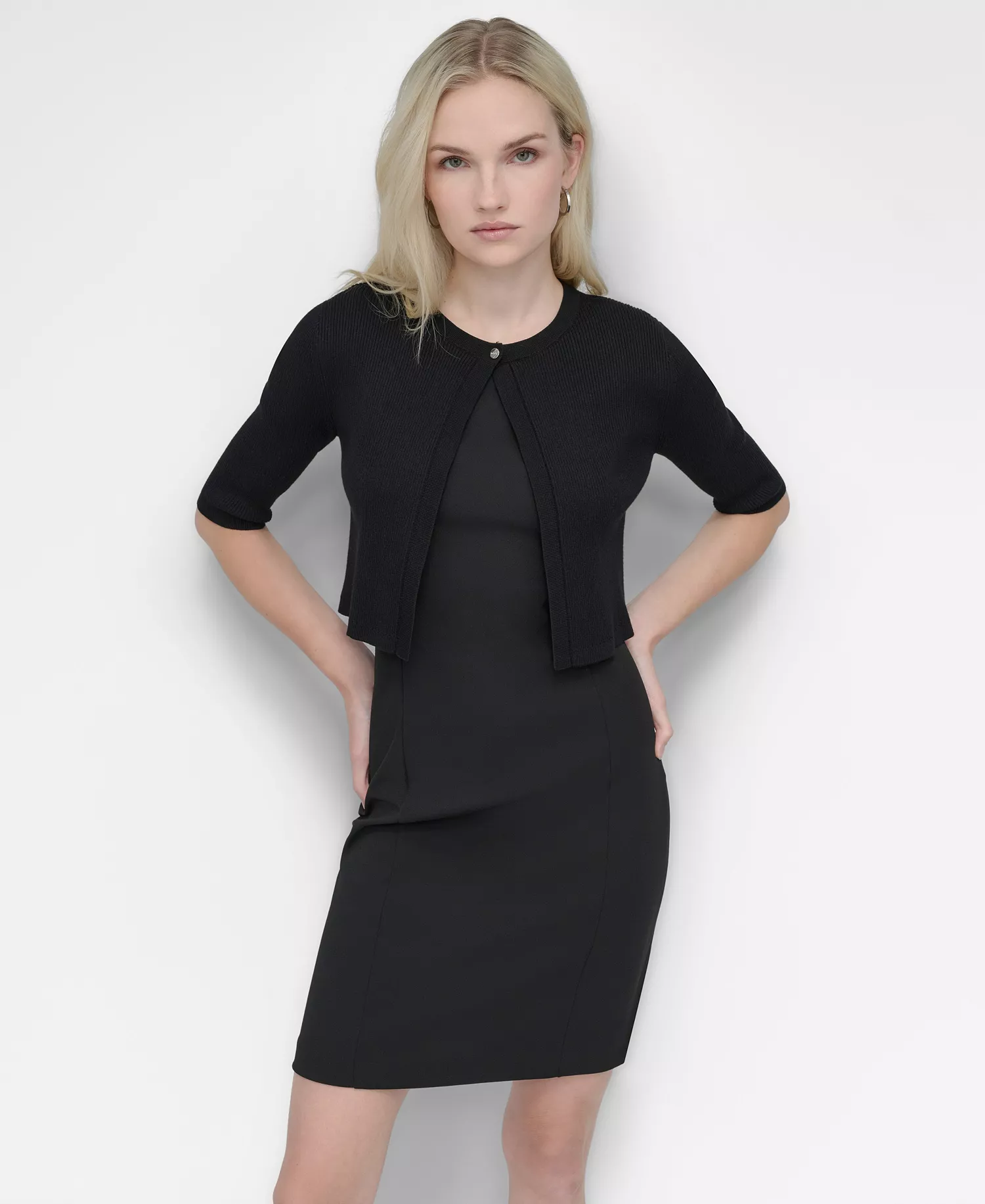 Women's Cropped Elbow Sleeve Snap Front Shrug - Black - L