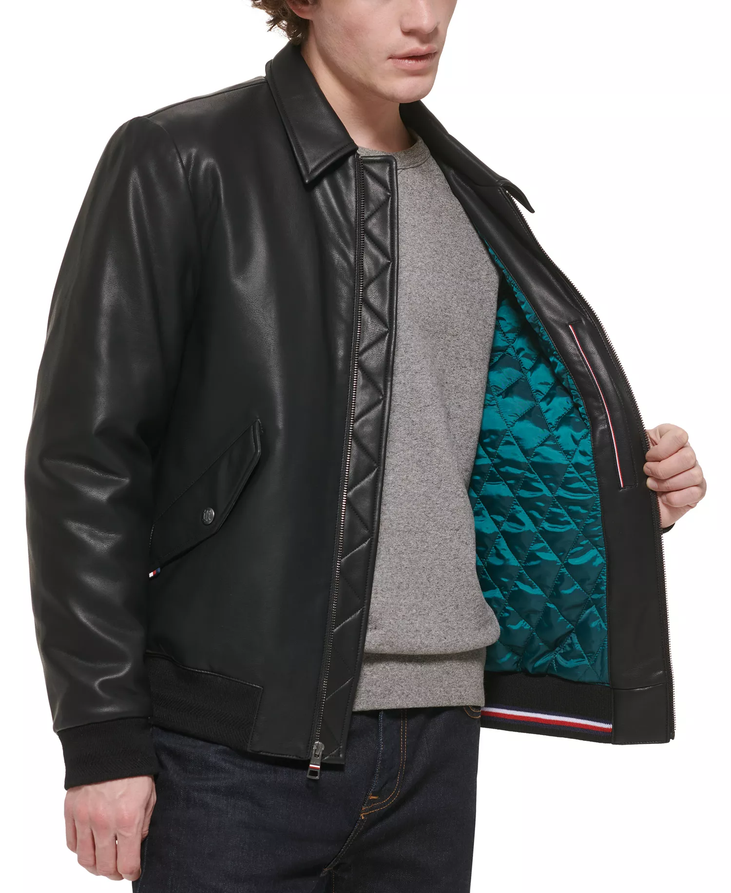 Men's Faux-Leather Bomber Jacket  - Black - L