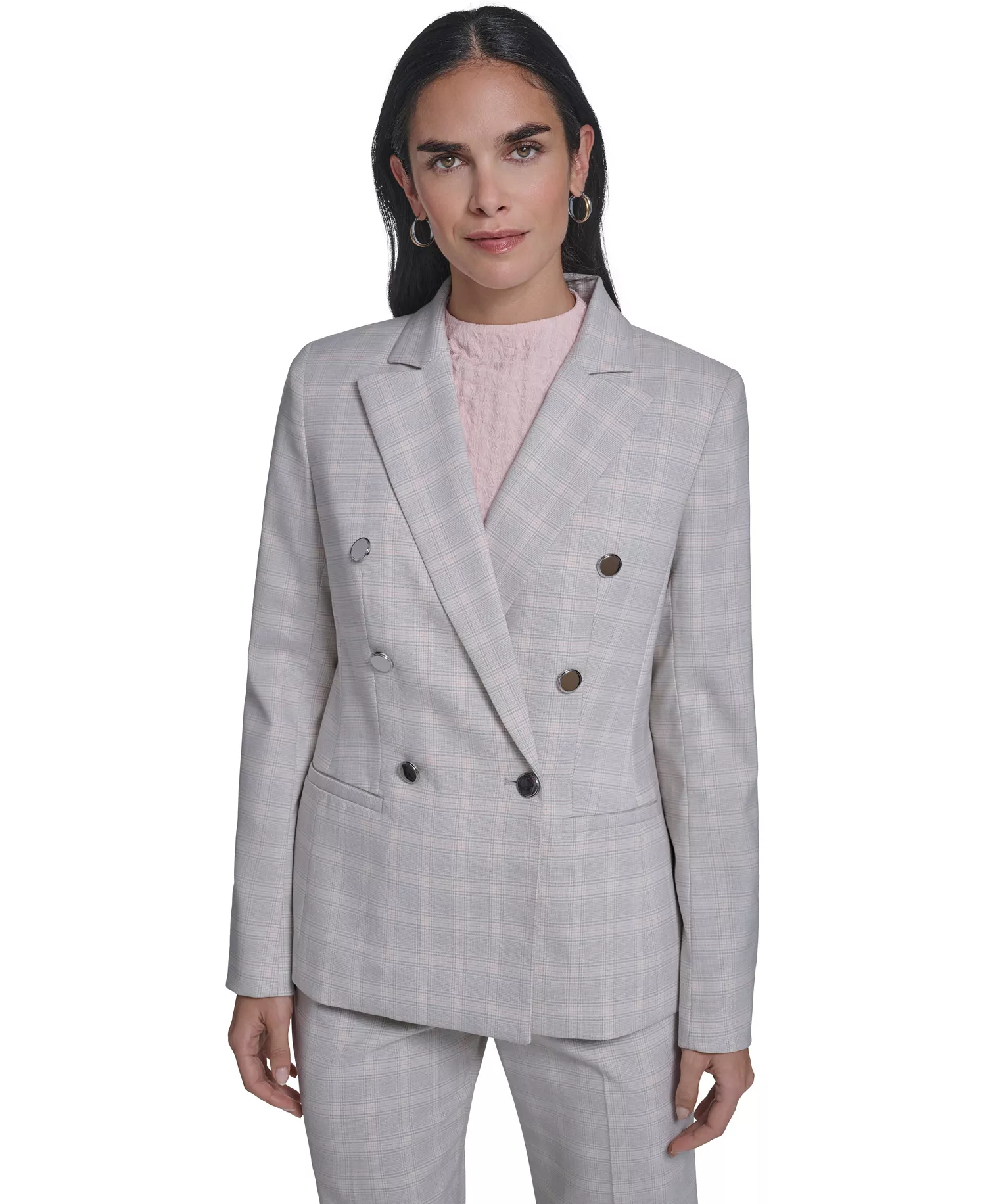 Women's Windowpane Double-Breasted Jacket, Textured Mock Neck Cap Sleeve Top, and Windowpane Modern Fit Pants - Gray - 10