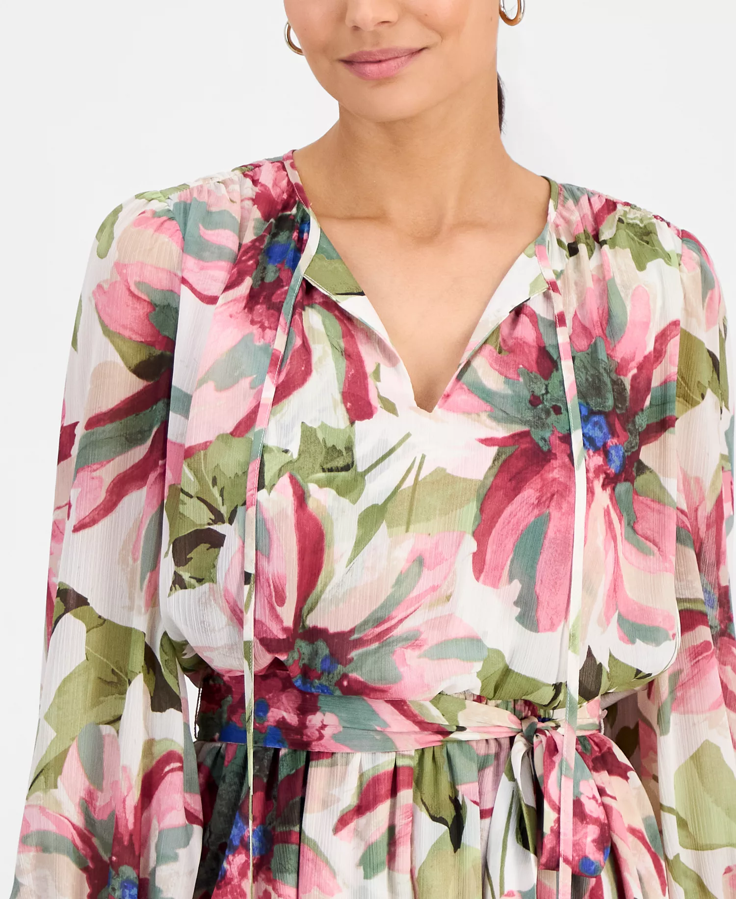 Petite Bubble-Sleeve Tie-Waist Tiered Dress, Created for Macy's - Farrah Bouquet - P/L