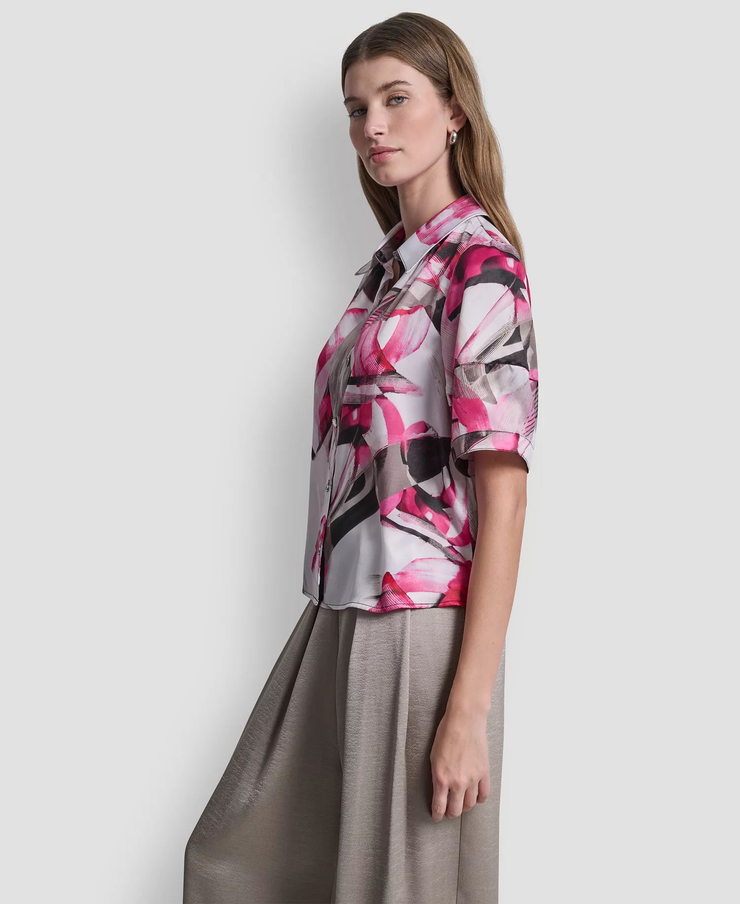 Women's Geometric Print Collared Shirt - Spring Wisps - L