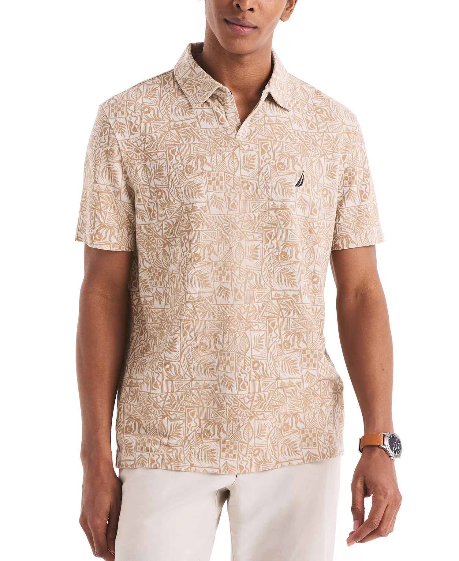 Men's Classic-Fit Leaf-Pattern Polo Shirt - Sandy Bar - S