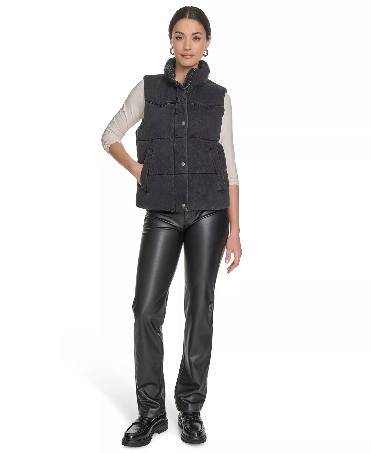 Women's Regular Western Stand Collar Puffer Vest Jacket - Black Wash Denim - L