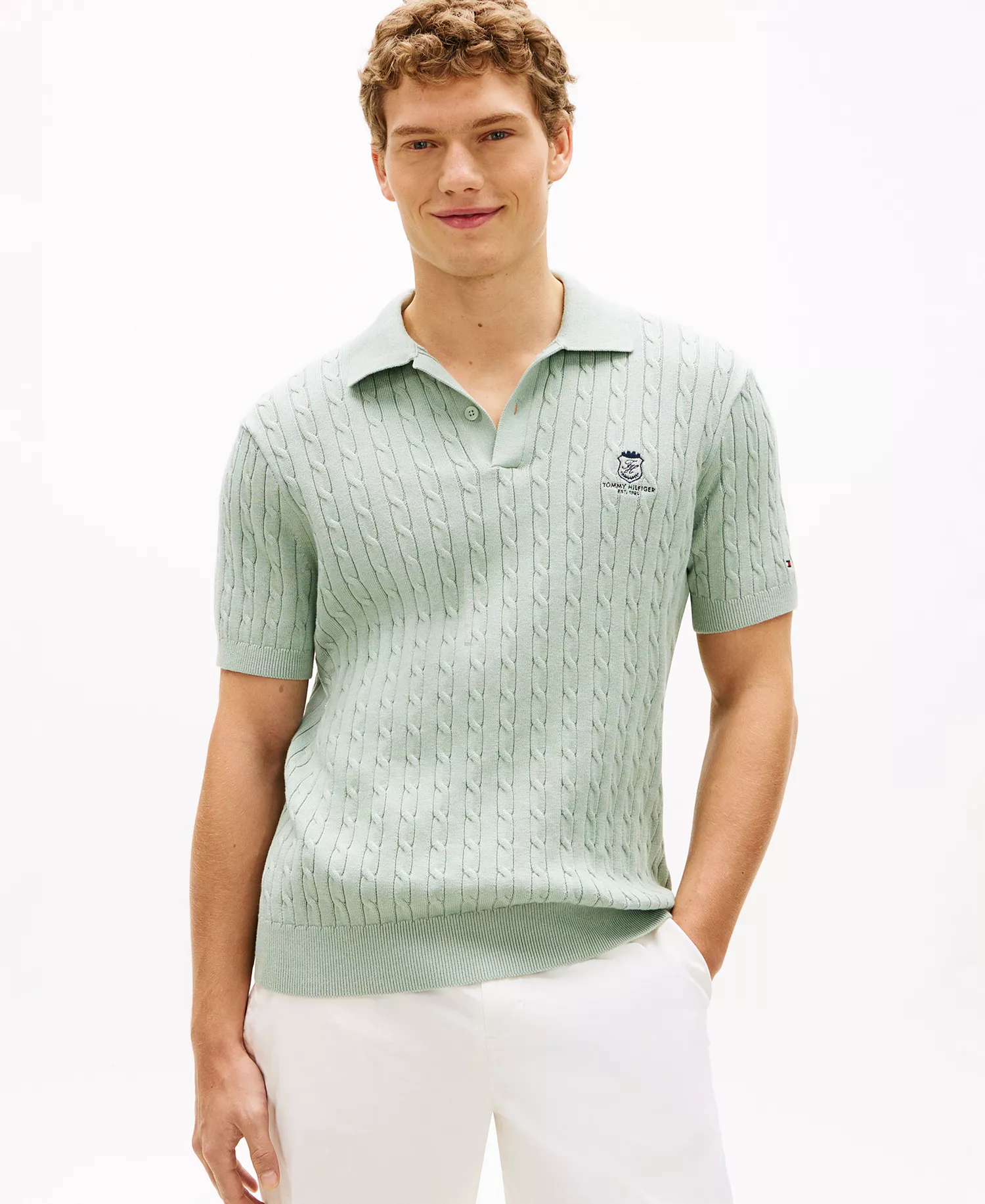 Men's Cable Short-Sleeve Polo Shirt - Minty Gray - L