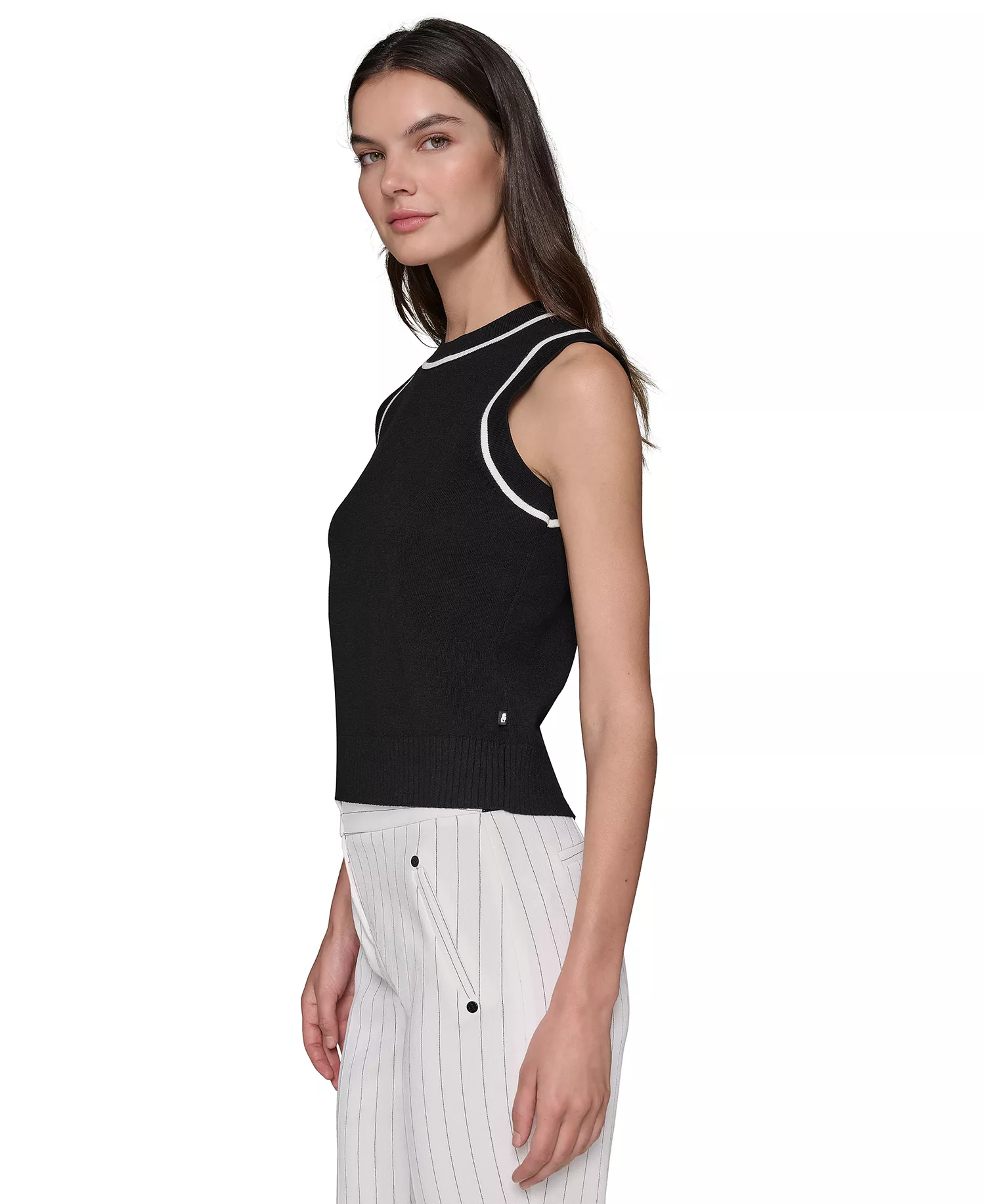 Women's Contrast-Trim Sleeveless Sweater - Black - L