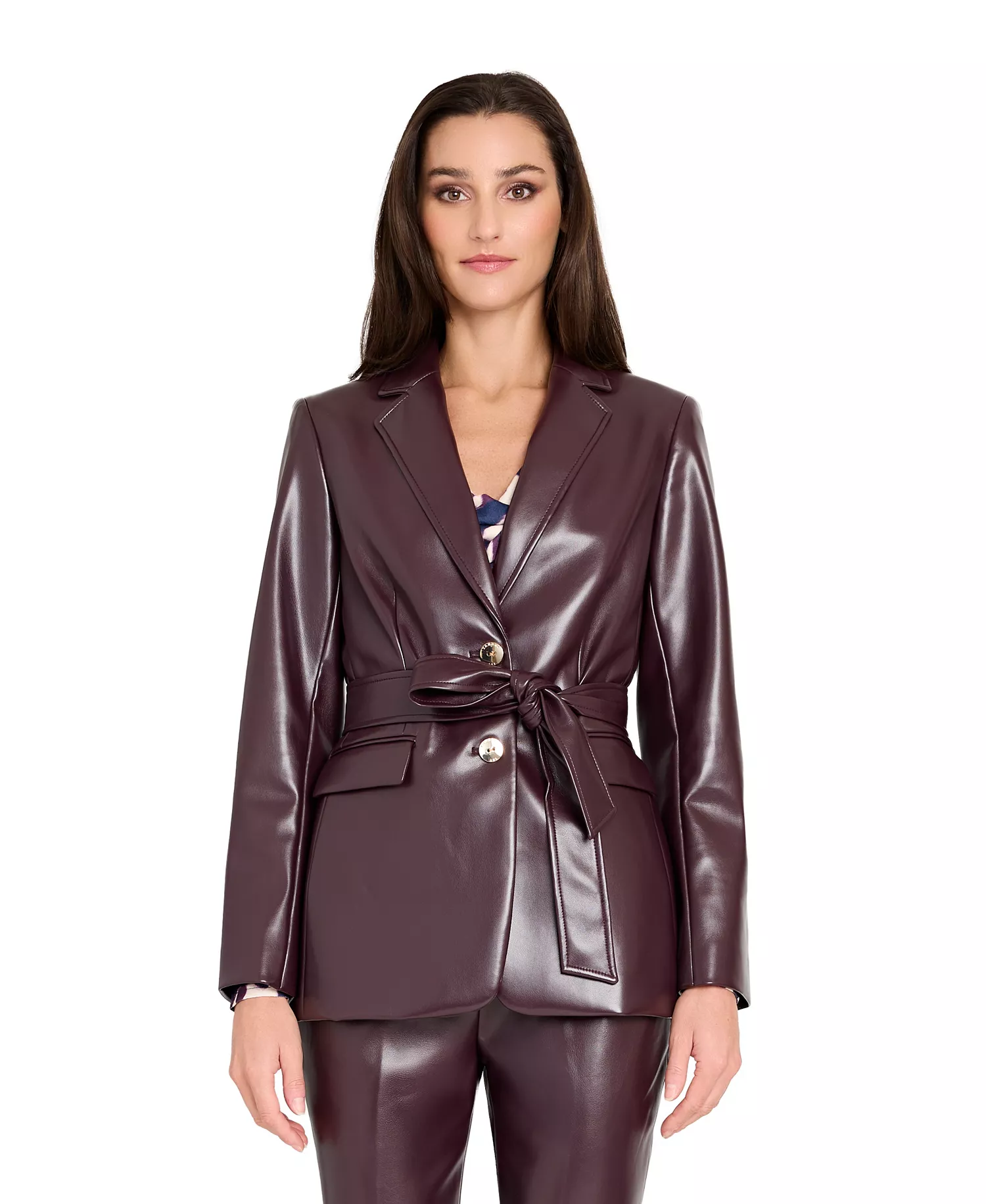 Women's Notch Collar Belted Jacket - Plum - 12