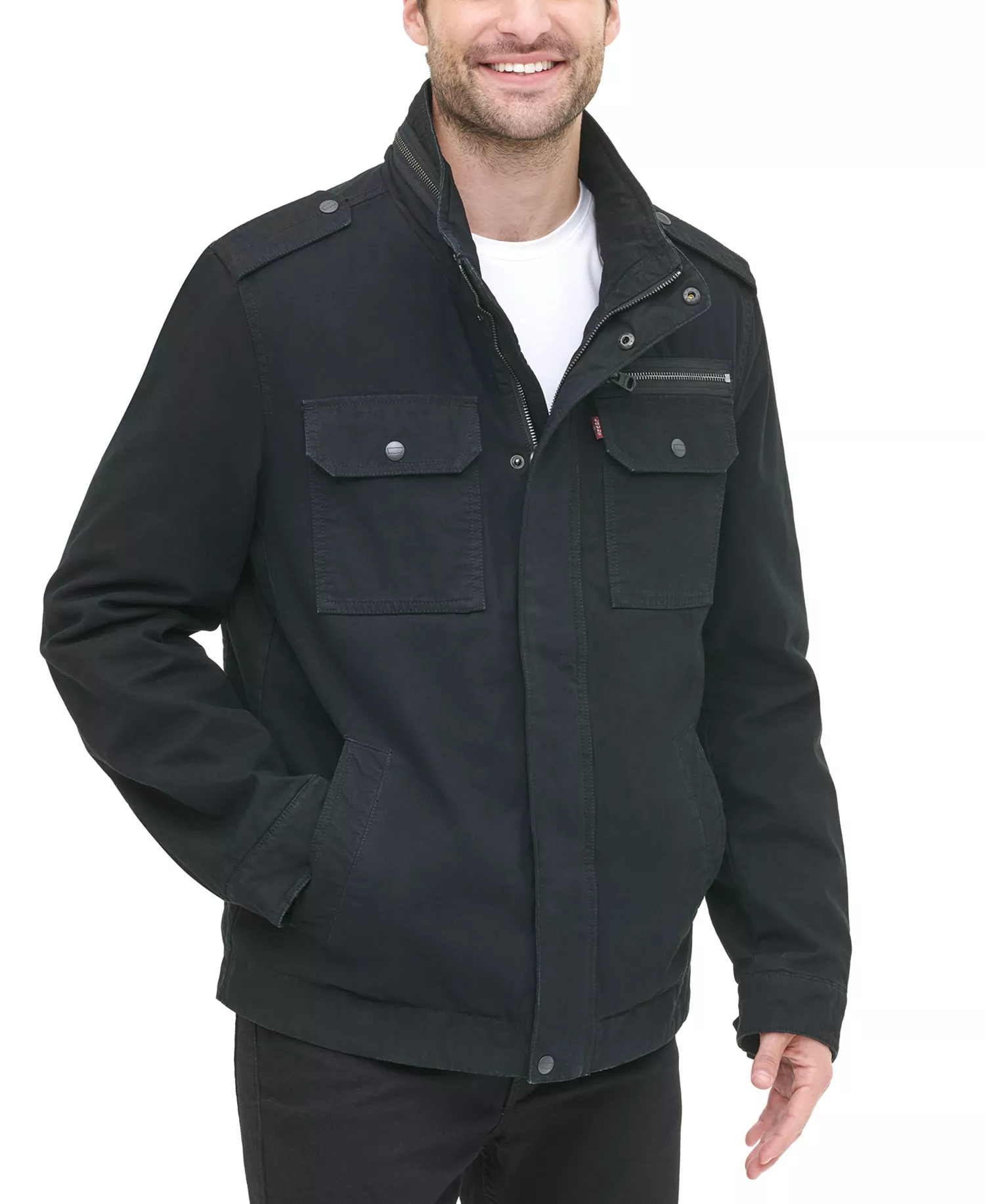 Men's Cotton Zip-Front Jacket   - Black - 2XL
