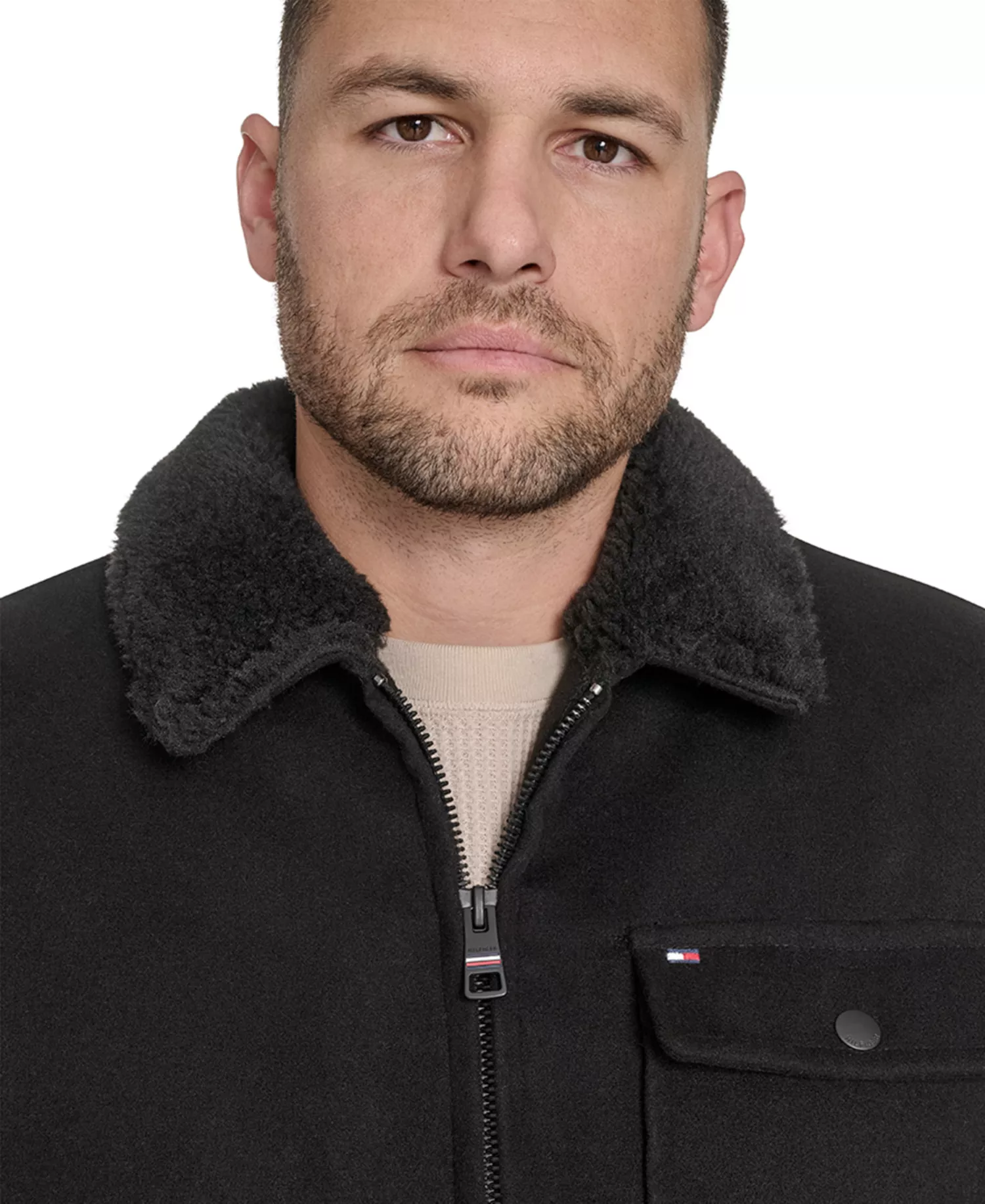 Men's Wool Blend Jacket with Sherpa Collar - Black - 2XL