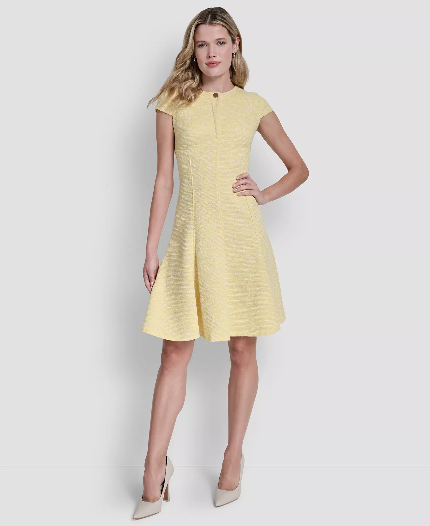 Women's Cap-Sleeve Crew Neck Fit and Flare Dress - Daffodil/Ivory - 10