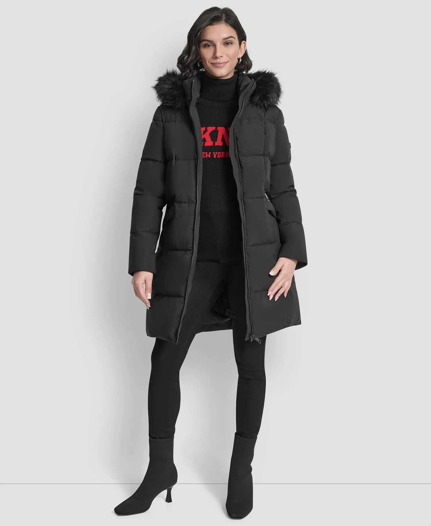 Women's Hooded Zipper Puffer Coat - Black - L