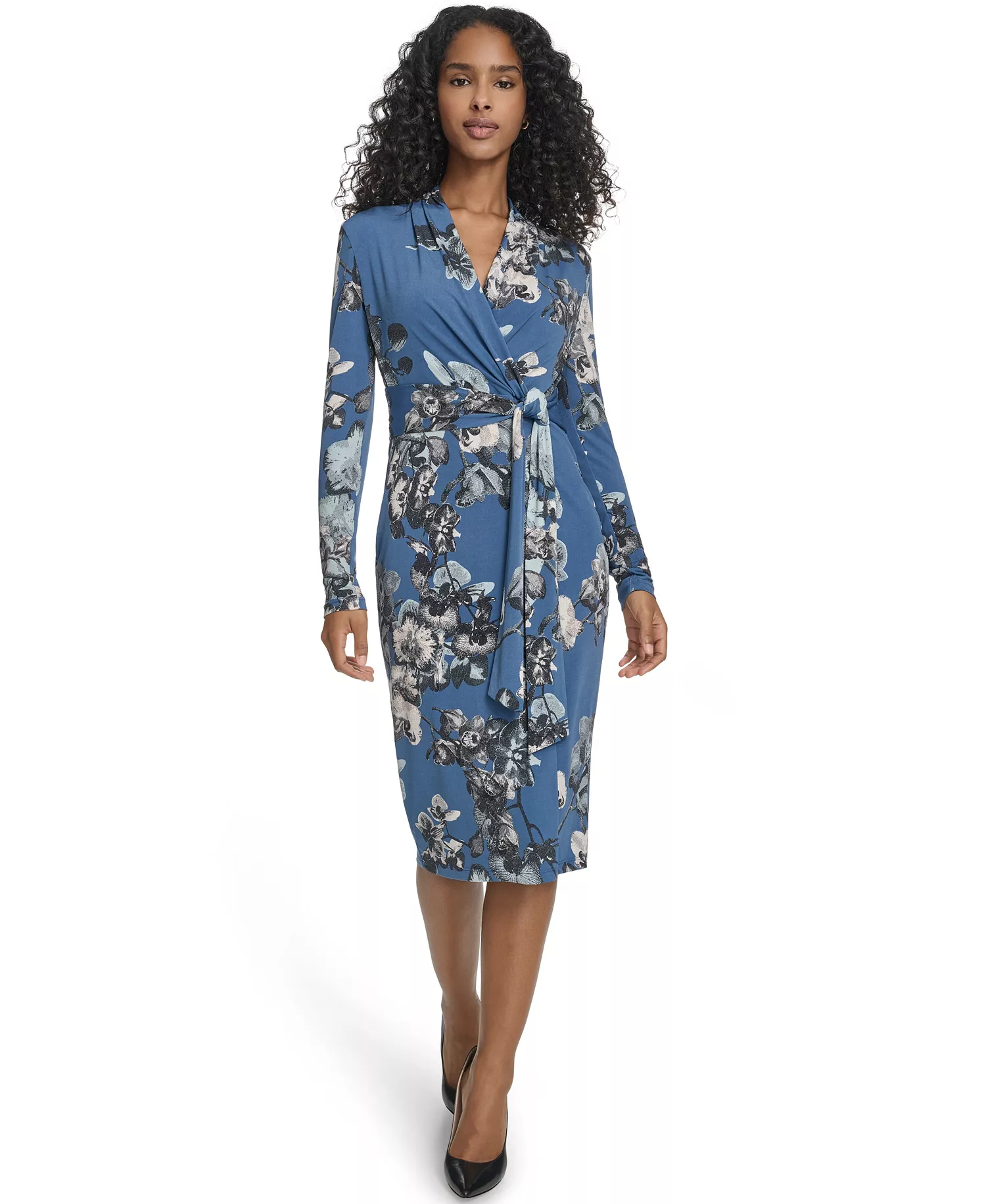 Women's Printed Surplice V-Neck Midi Dress - Vintage Indigo/Khaki Multi - 10