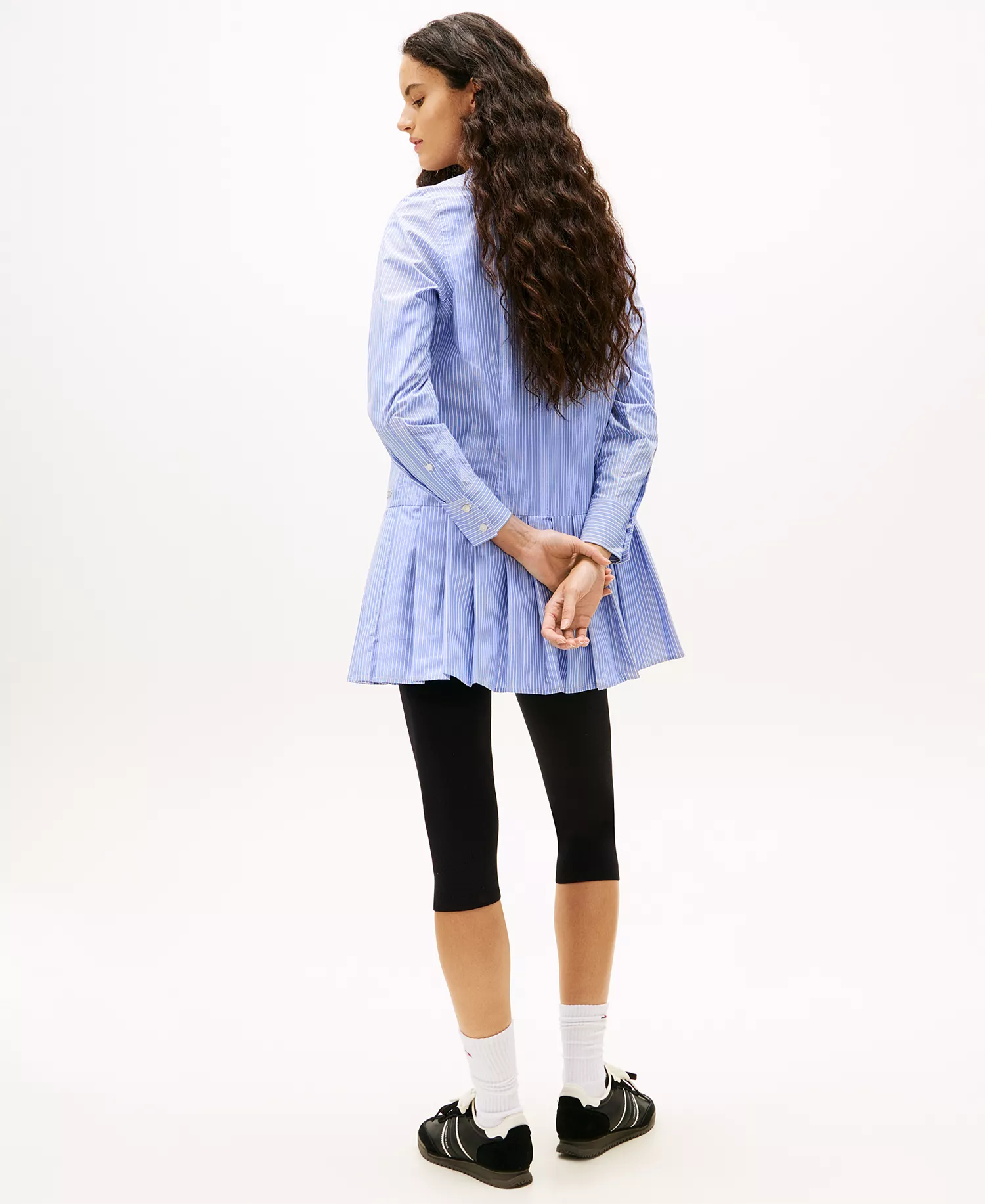 Women's Pleated Sparkle Collared Shirt Dress - Light Blue - L