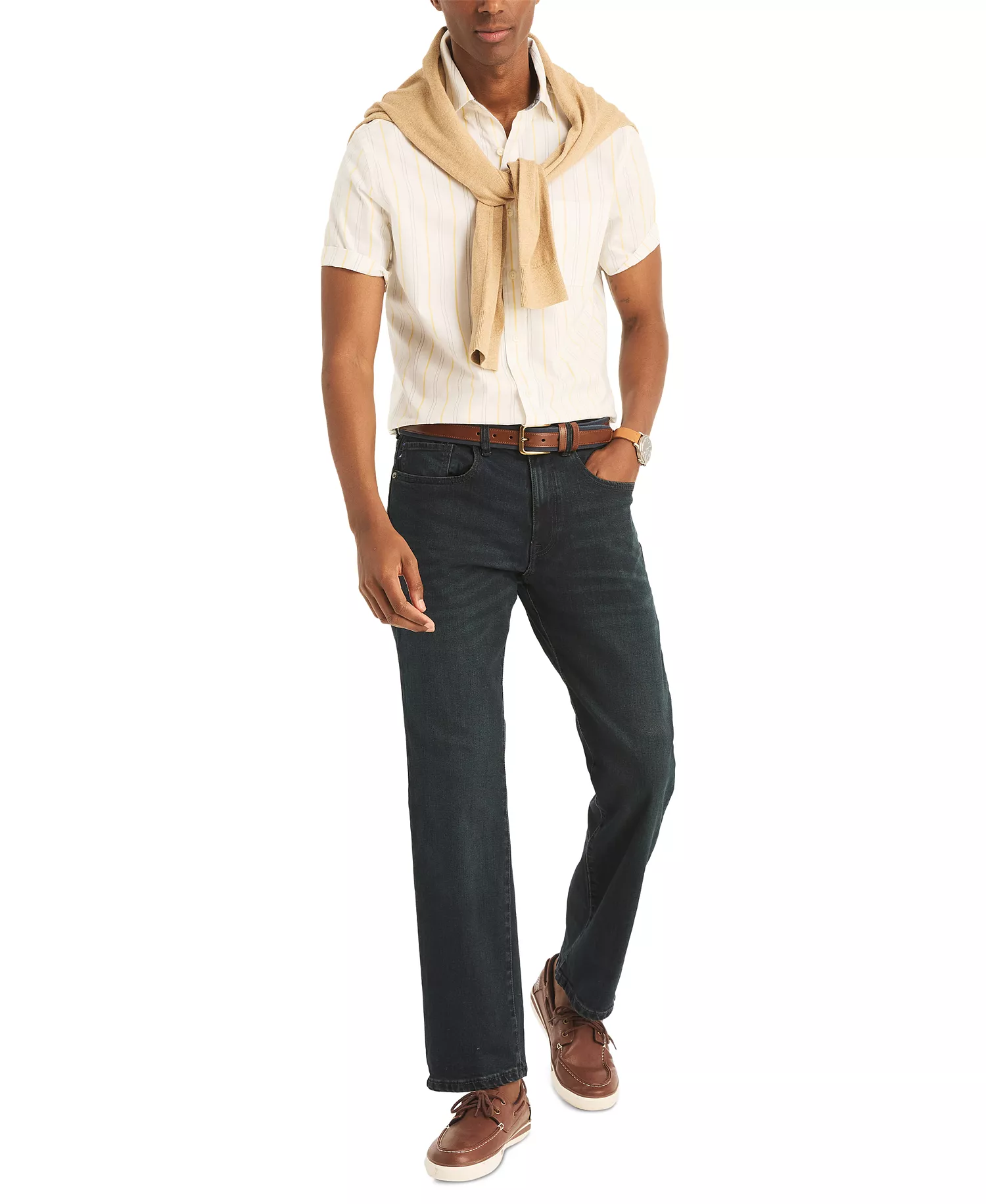 Men's Short Sleeve Button Front Striped Shirt - Bright White - L