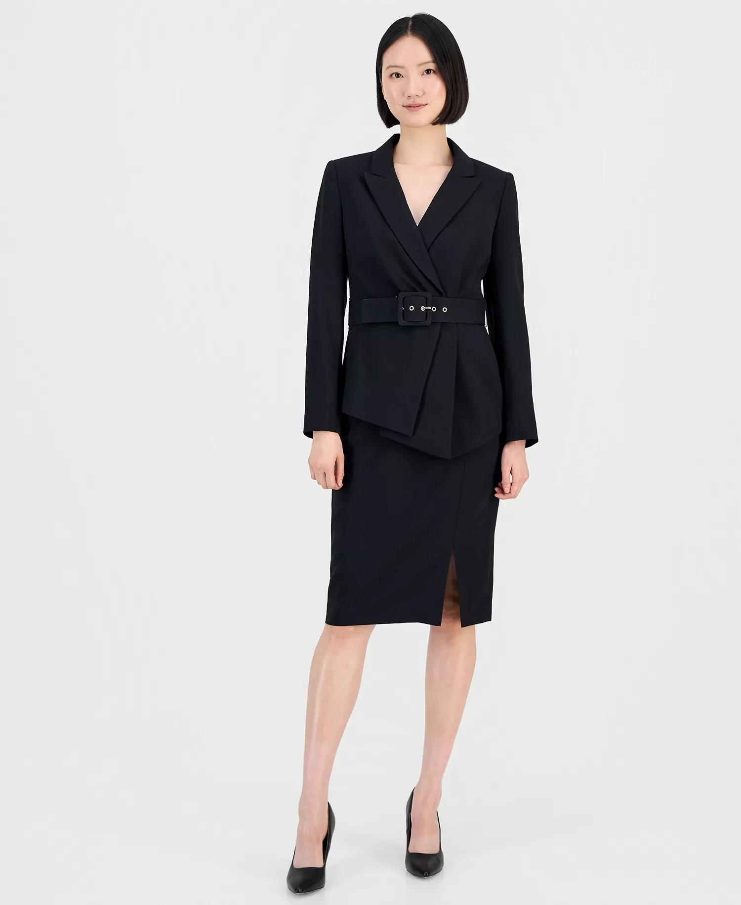 Women's Asymmetrical Belted Jacket & Pencil Skirt Suit Set - Black - 10