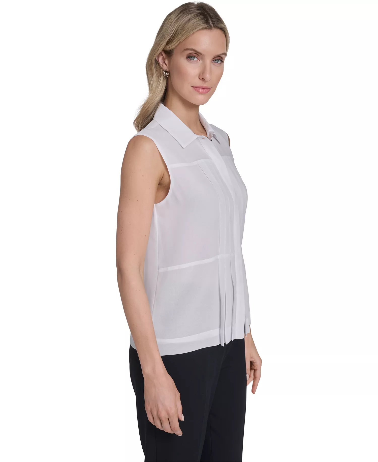 Women's Sleeveless Pleated Front Blouse - White - L