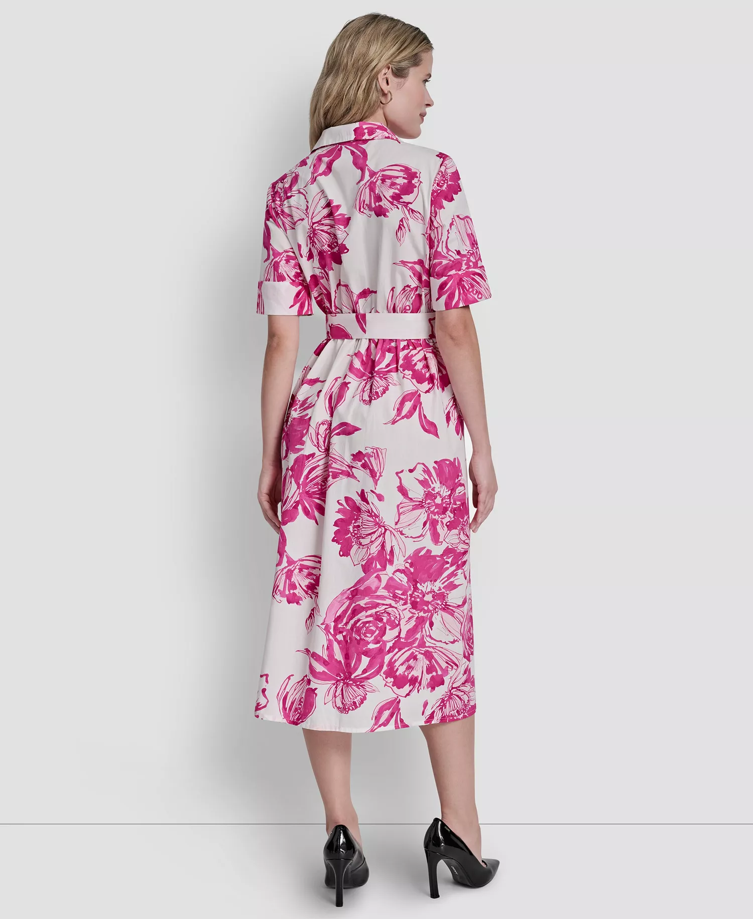 Women's Elbow-Sleeve Button-Front Shirt Dress - Hot Pink Multi - 10