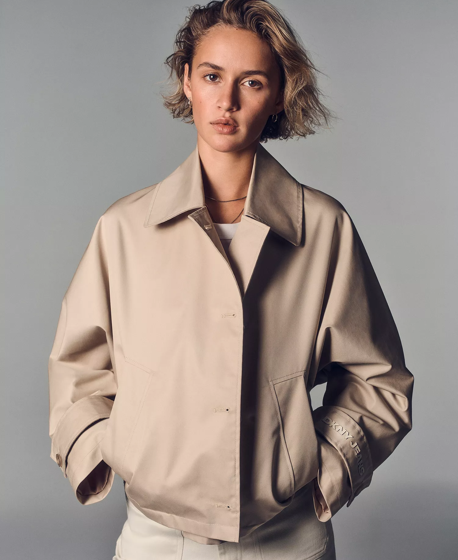 Women's Short Single Breasted Dolman Sleeve Military Trench Jacket - Pebble - L - Regular