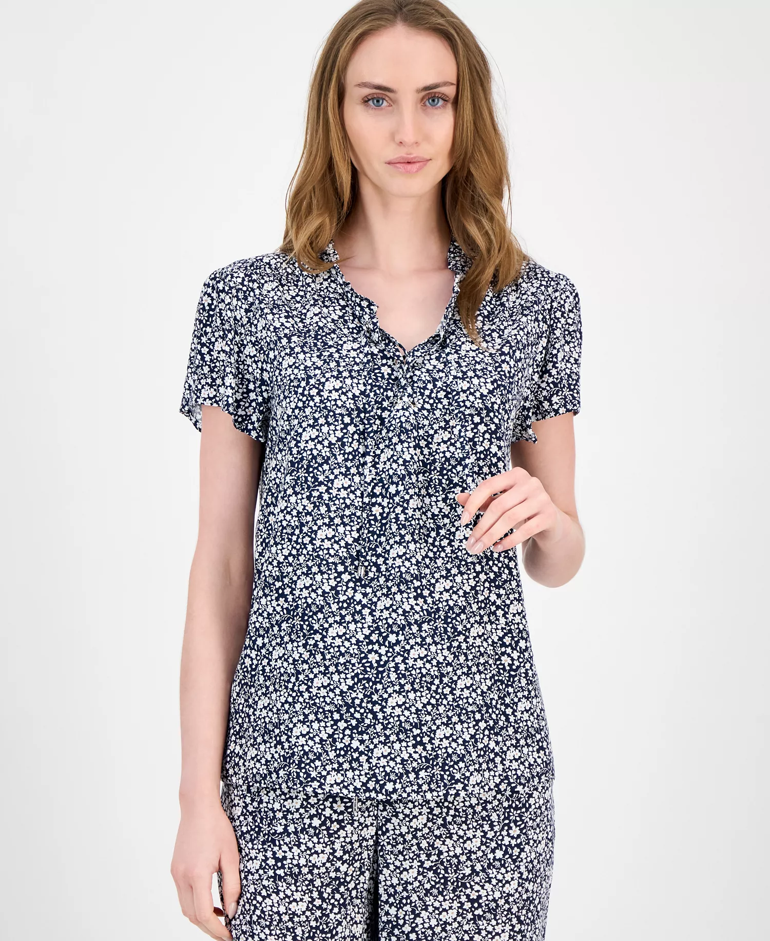 Women's Floral Lace-Up Short-Sleeve Blouse - Sky Captain Multi - L