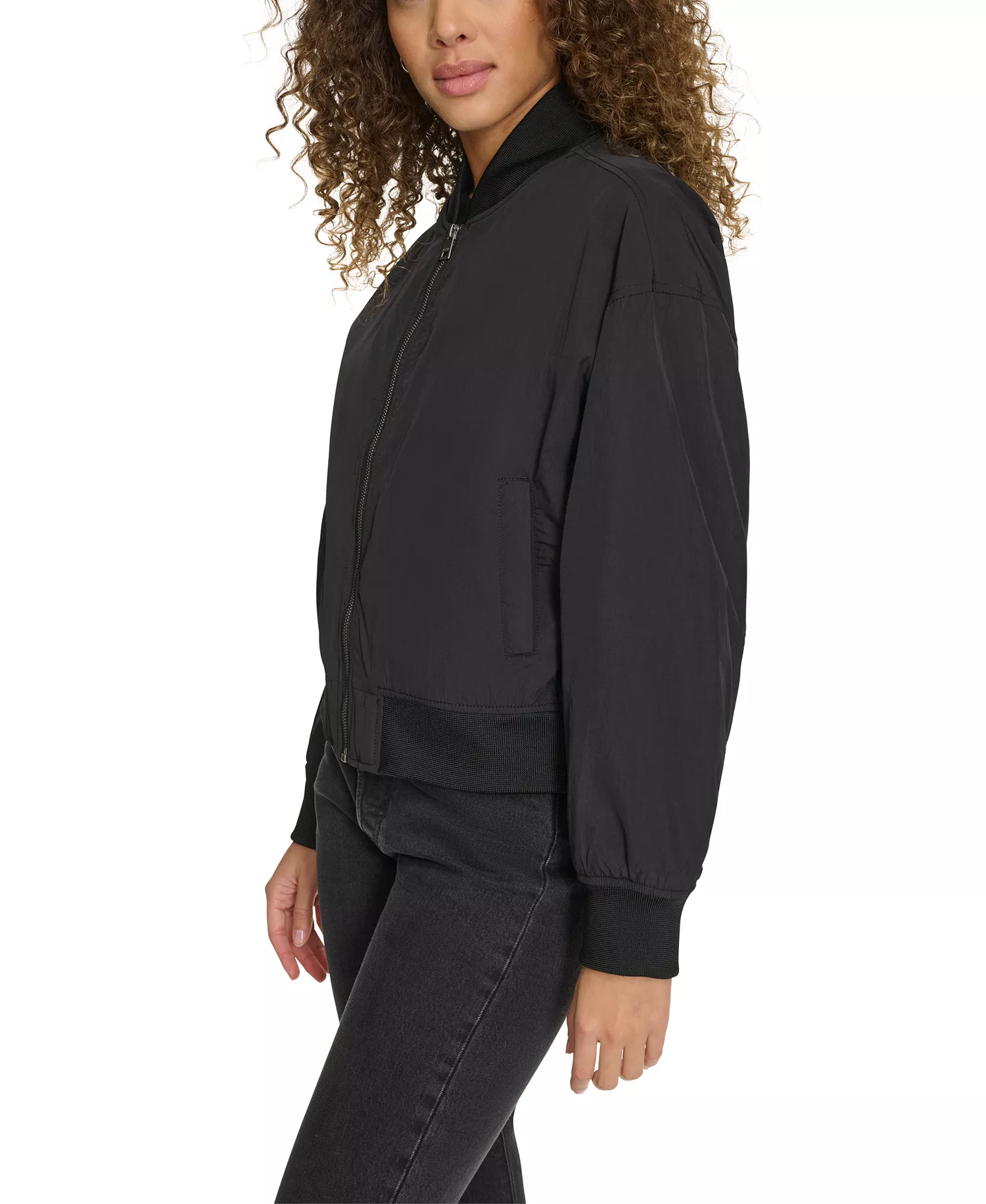 Women's Relaxed Zip-Front Ribbed-Hem Bomber Jacket - Black - L