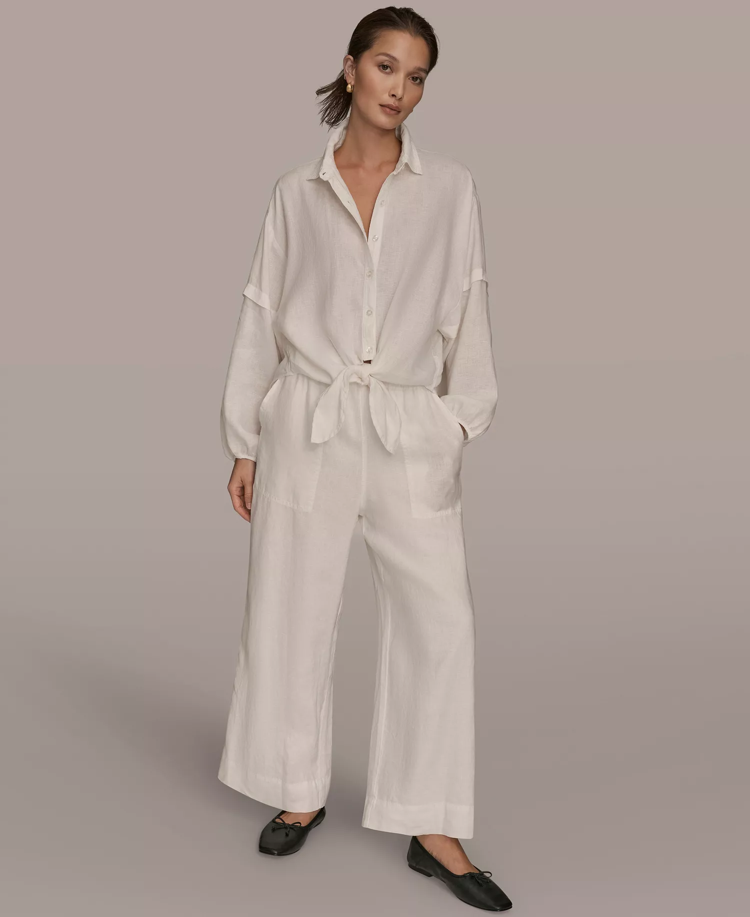 Women's Linen Long Blouson Sleeve Button Adjustable Tie Shirt - Cream - L