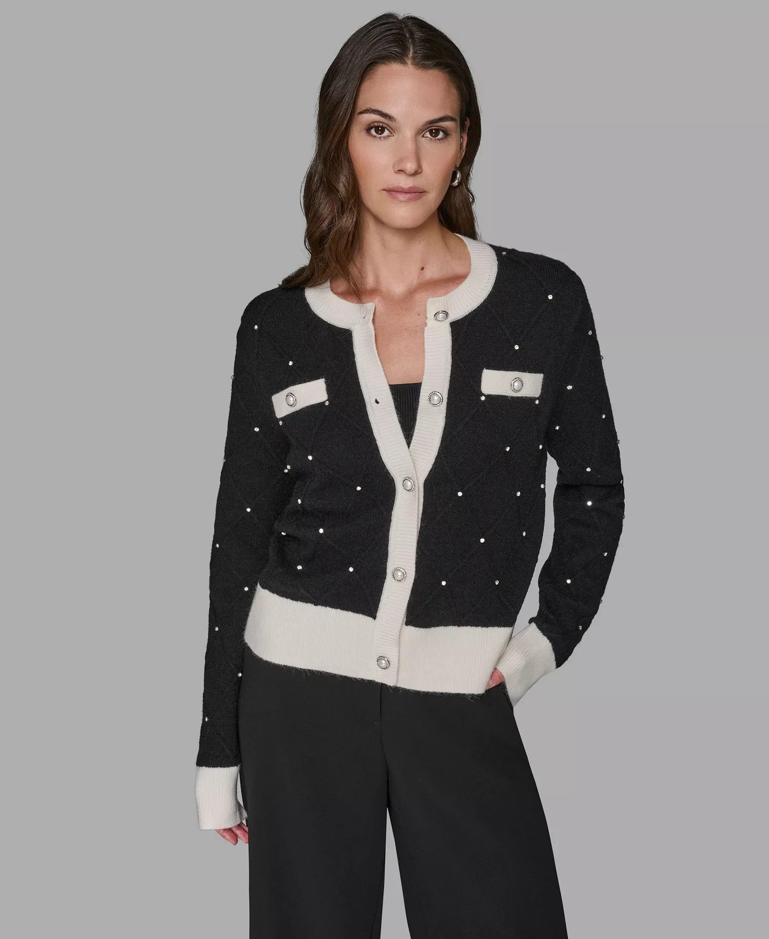 Women's Crew Neck Front-Button Cardigan Sweater - Black/Soft White - L