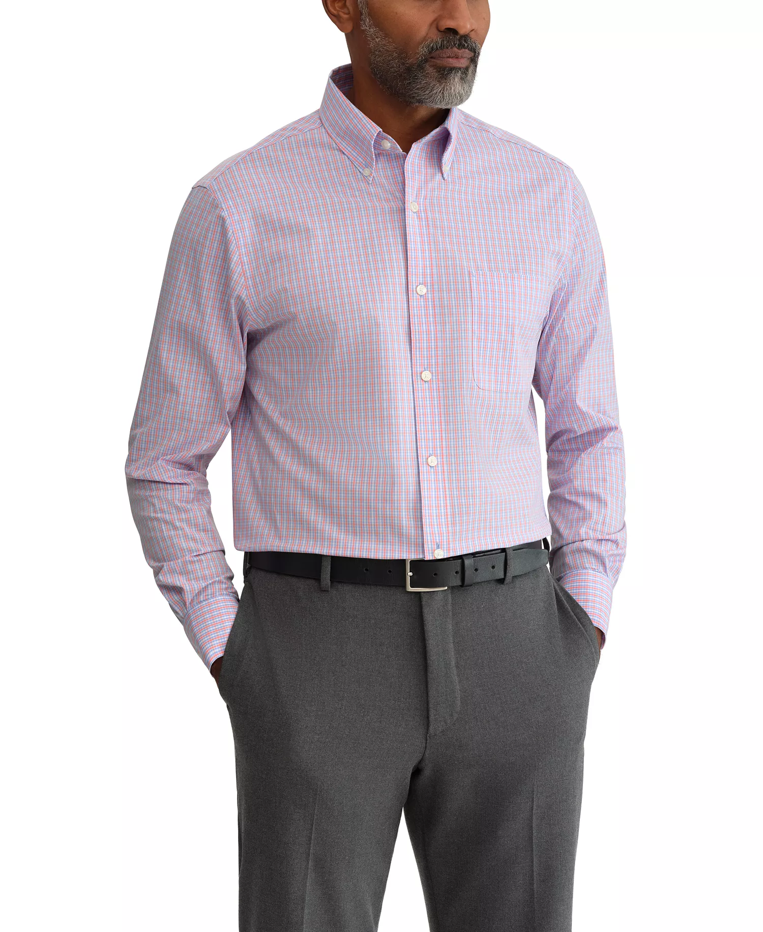 Men's Multi Plaid Long-Sleeve Dress Shirt - Coral Multi - 14.5 32/33