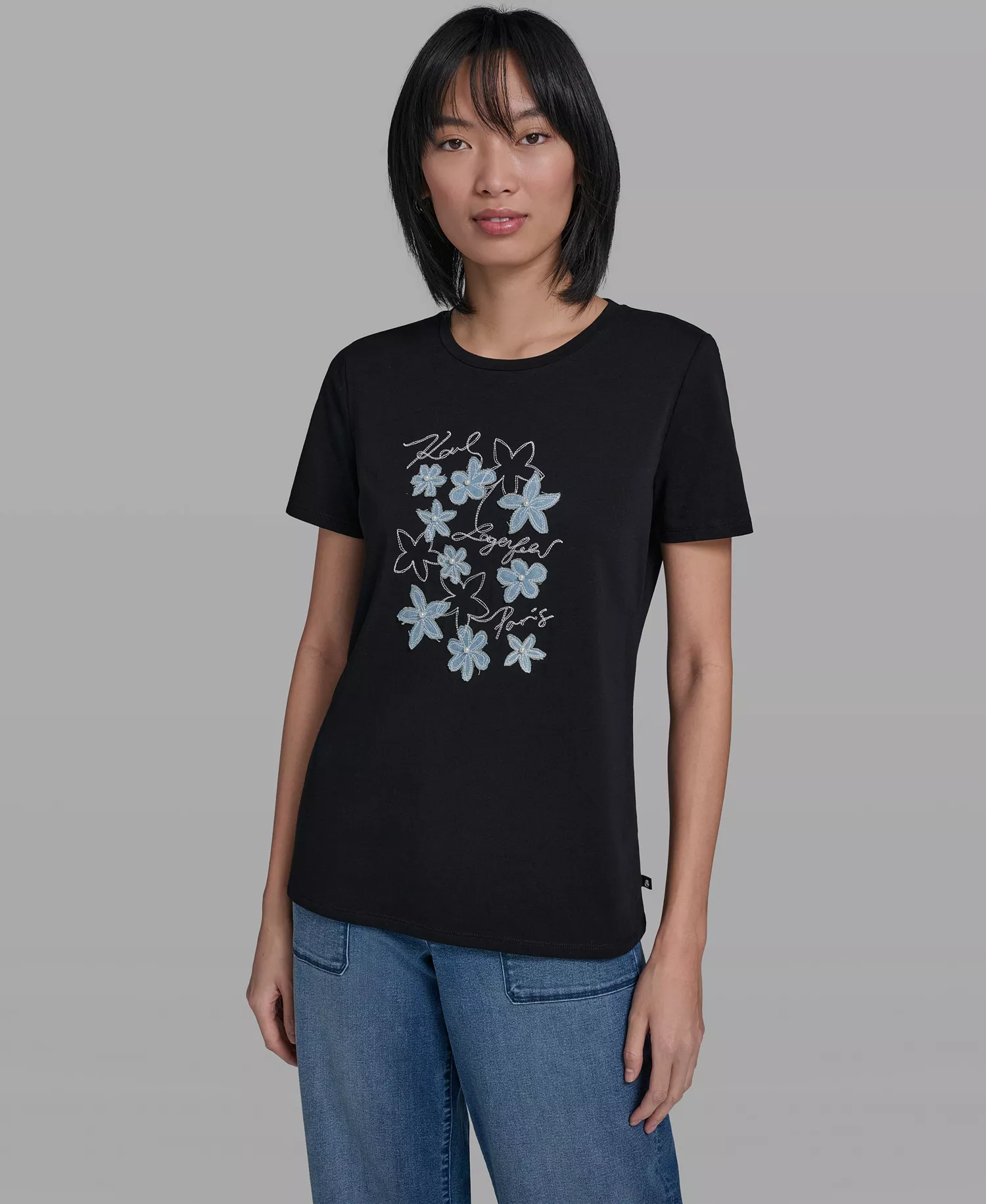Women's Crew Neck Denim Flower T-Shirt - Black - L