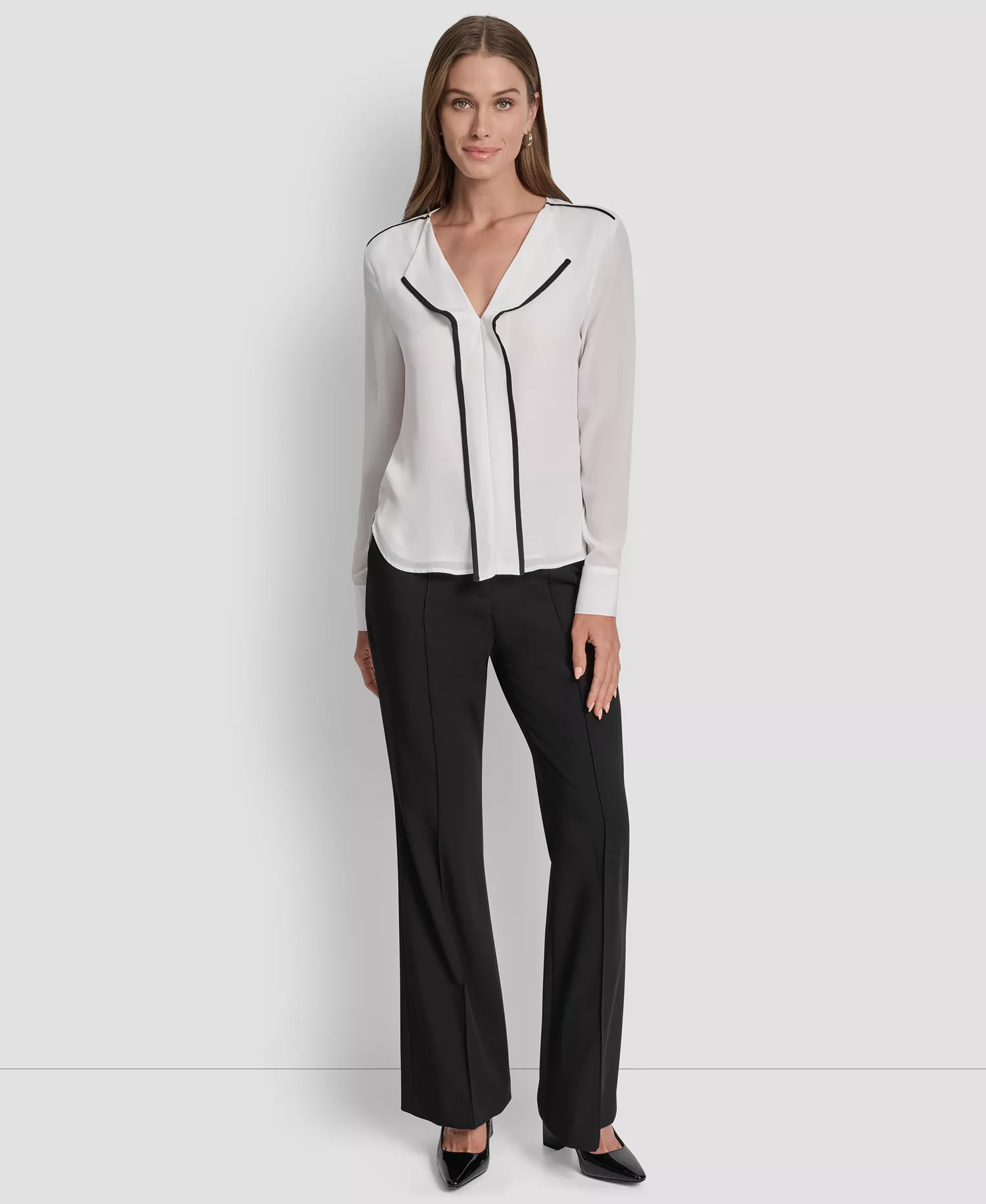 Women's Long Sleeve Trimmed Lapel Blouse, Regular & Petite - Black/ Linen White - L