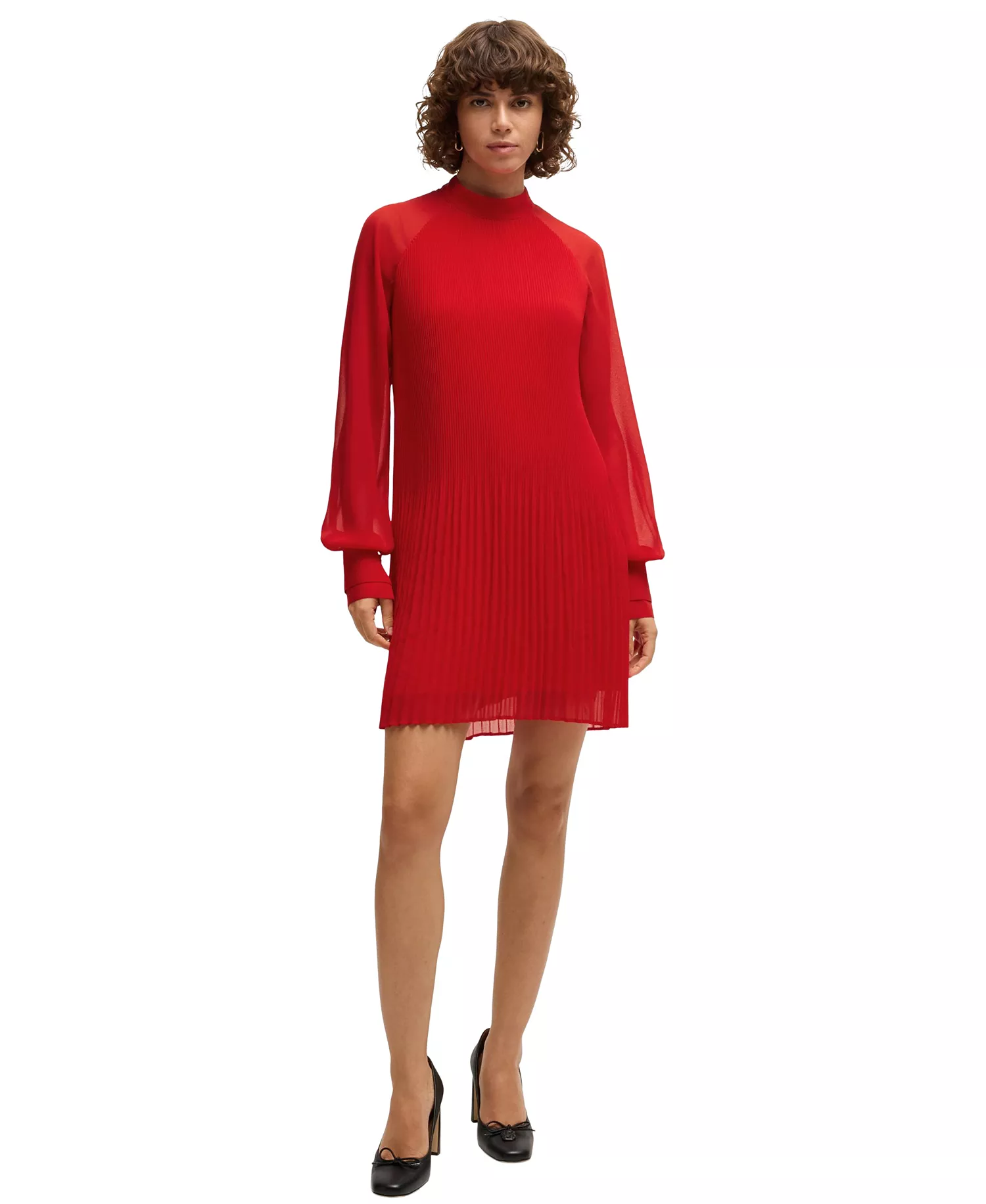 Women's Plisse Pleats High-Neck Dress - Bright Red - 6