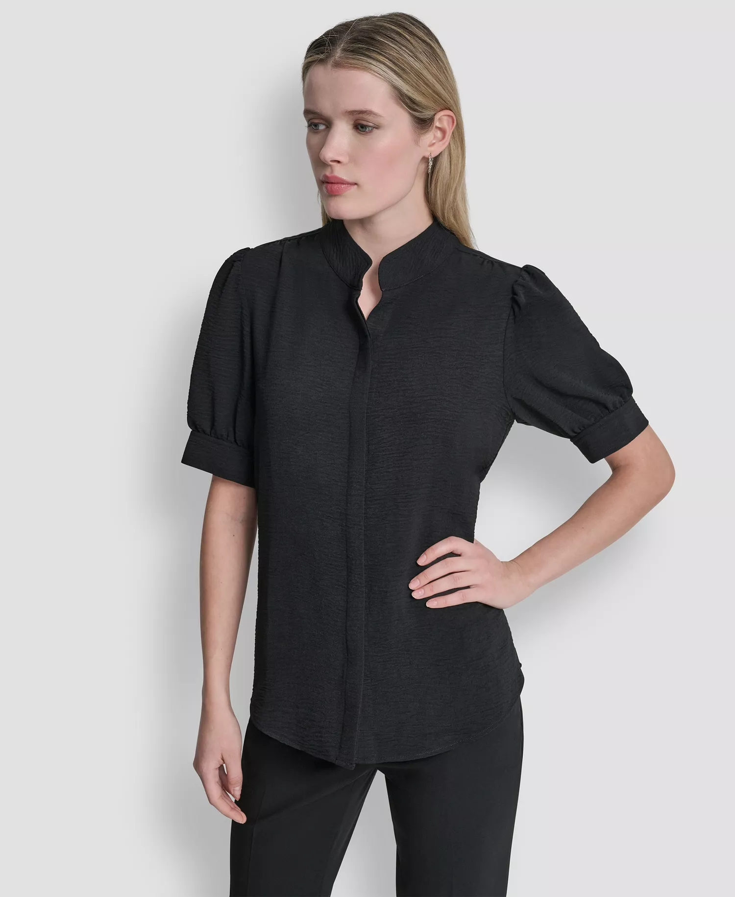 Women's Mandarin Collar Textured Woven Blouse - Black - L