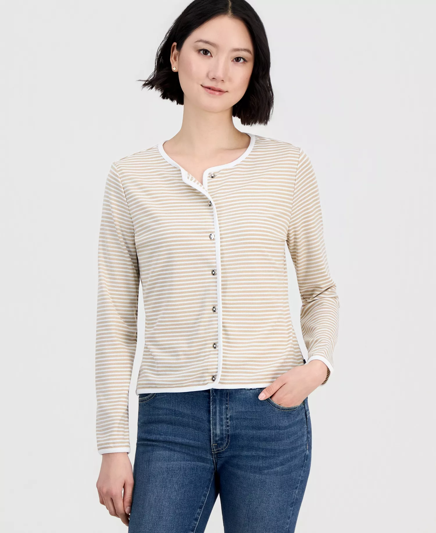 Jeans Women's Long-Sleeve Striped Cardigan Top - Irish Cream/ Ivory - L