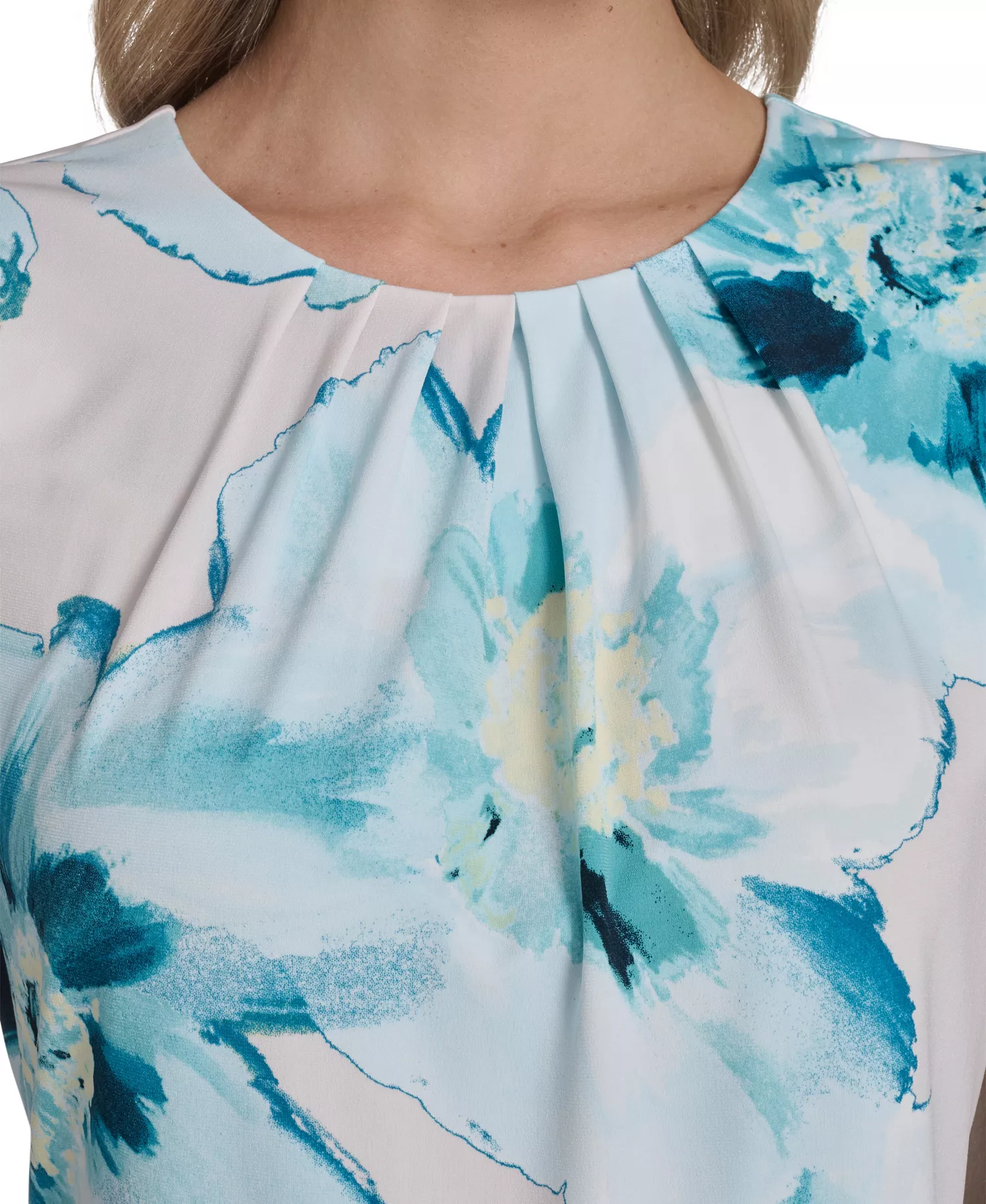 Women's Printed Mesh Crewneck Ruched Top - Navy/seaspray Multi - L