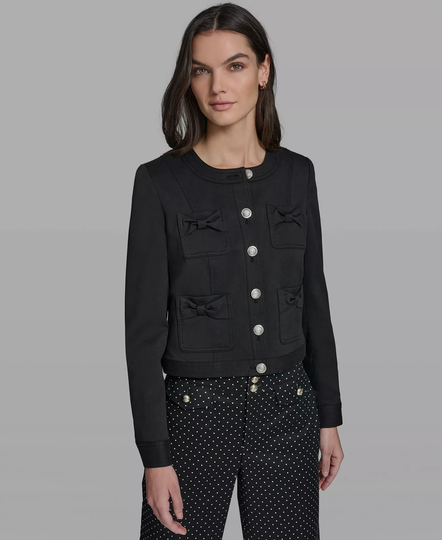 Petite Bow Pocket Jacket - Black - 10P