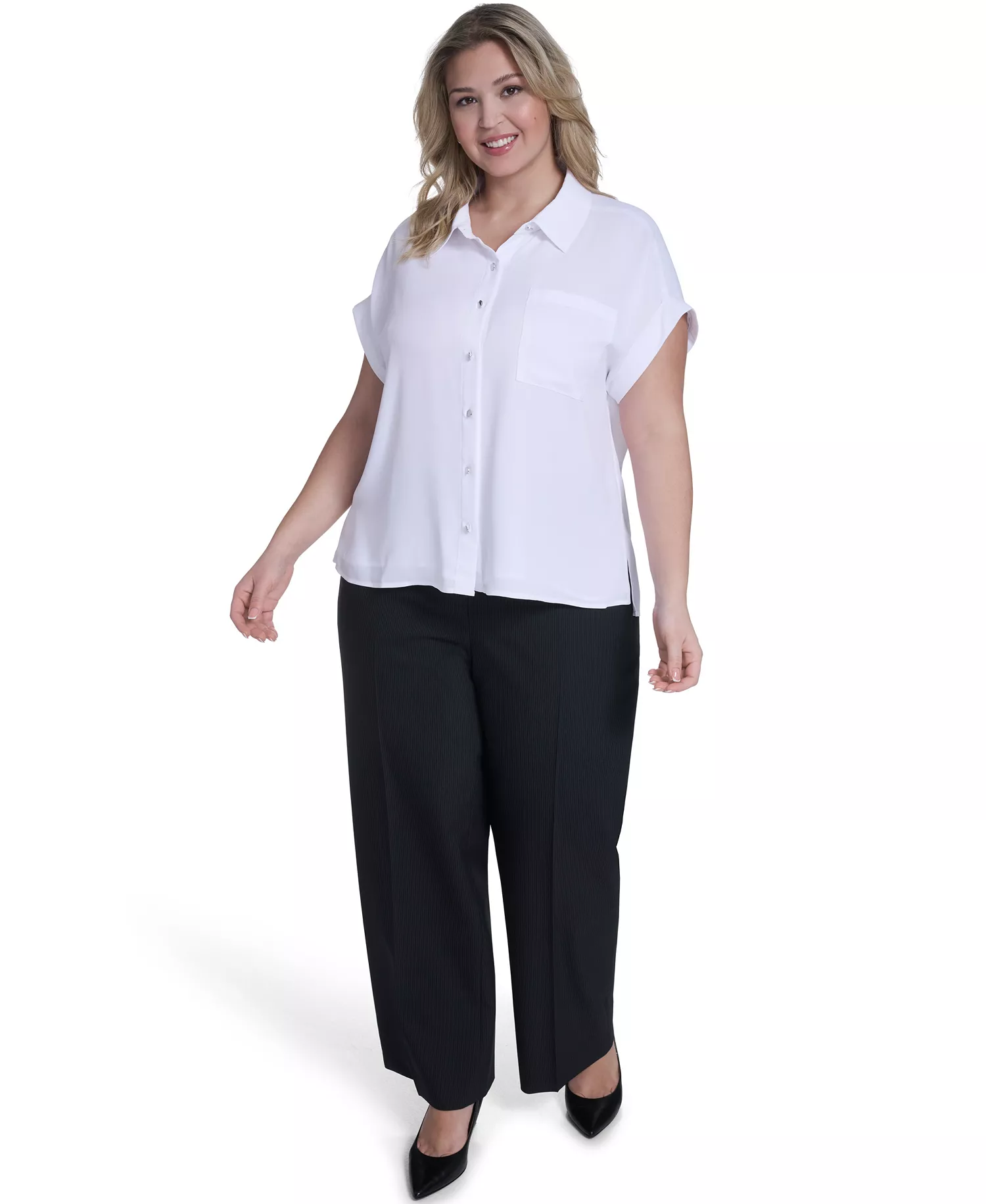 Plus Size Short-Sleeve Camp Button-Down Shirt - White - 1X