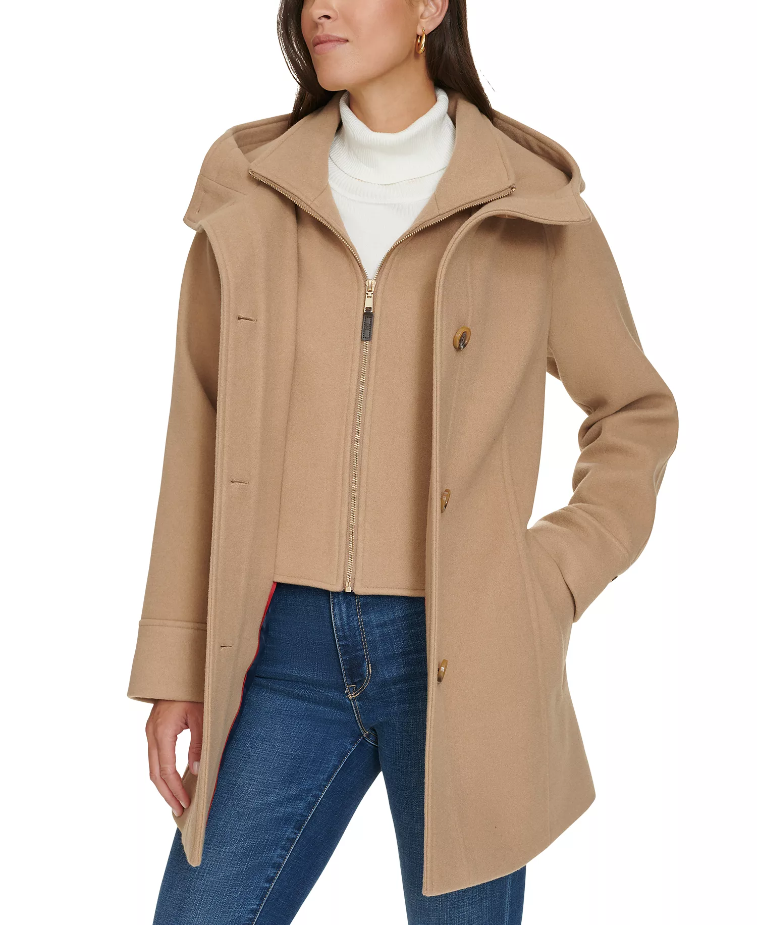 Women's Hooded Button-Front Coat, Created for Macy's - Camel - XS
