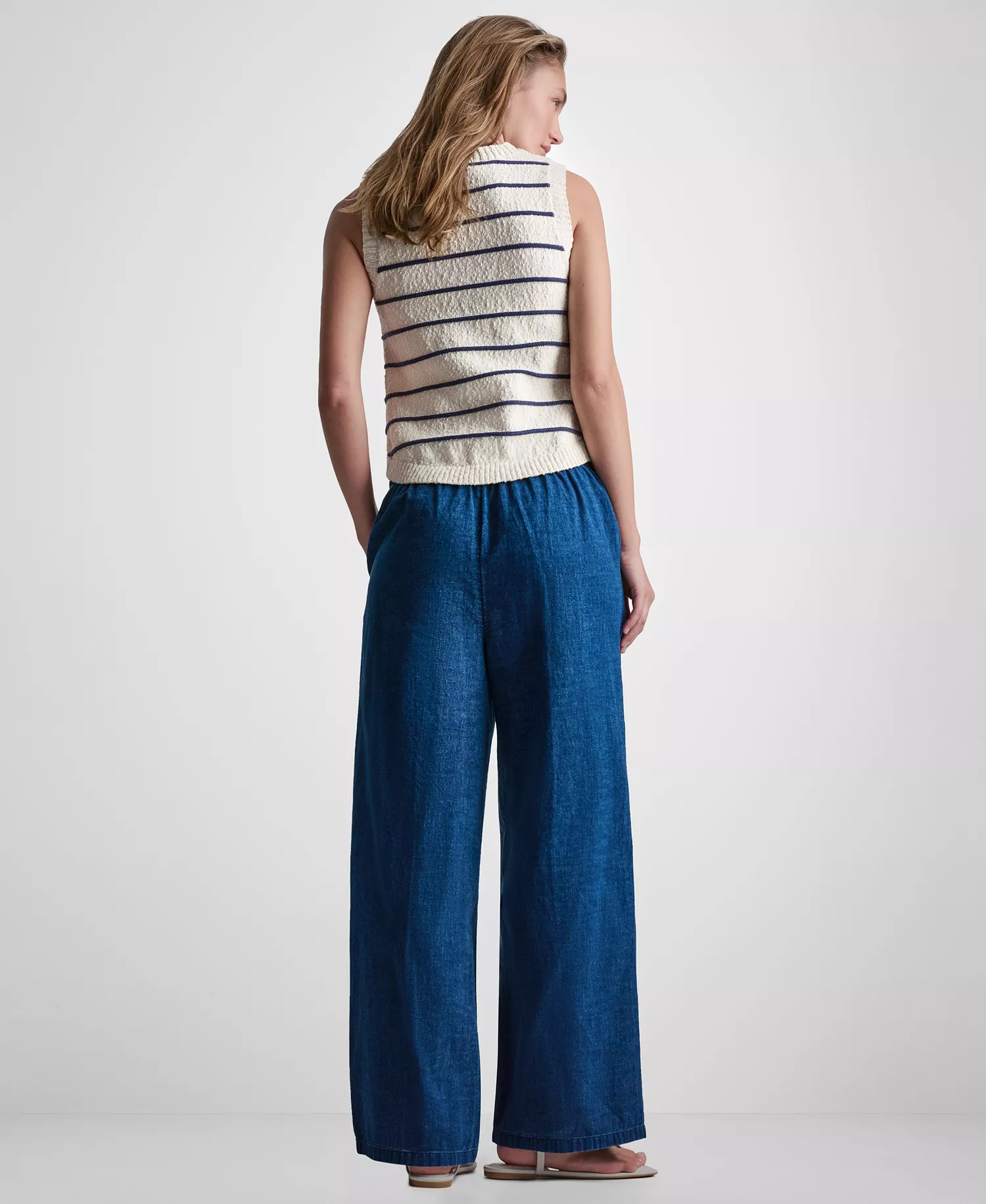 Petite Sleeveless Crewneck Striped Sweater - Eggnog/Indigo - PL