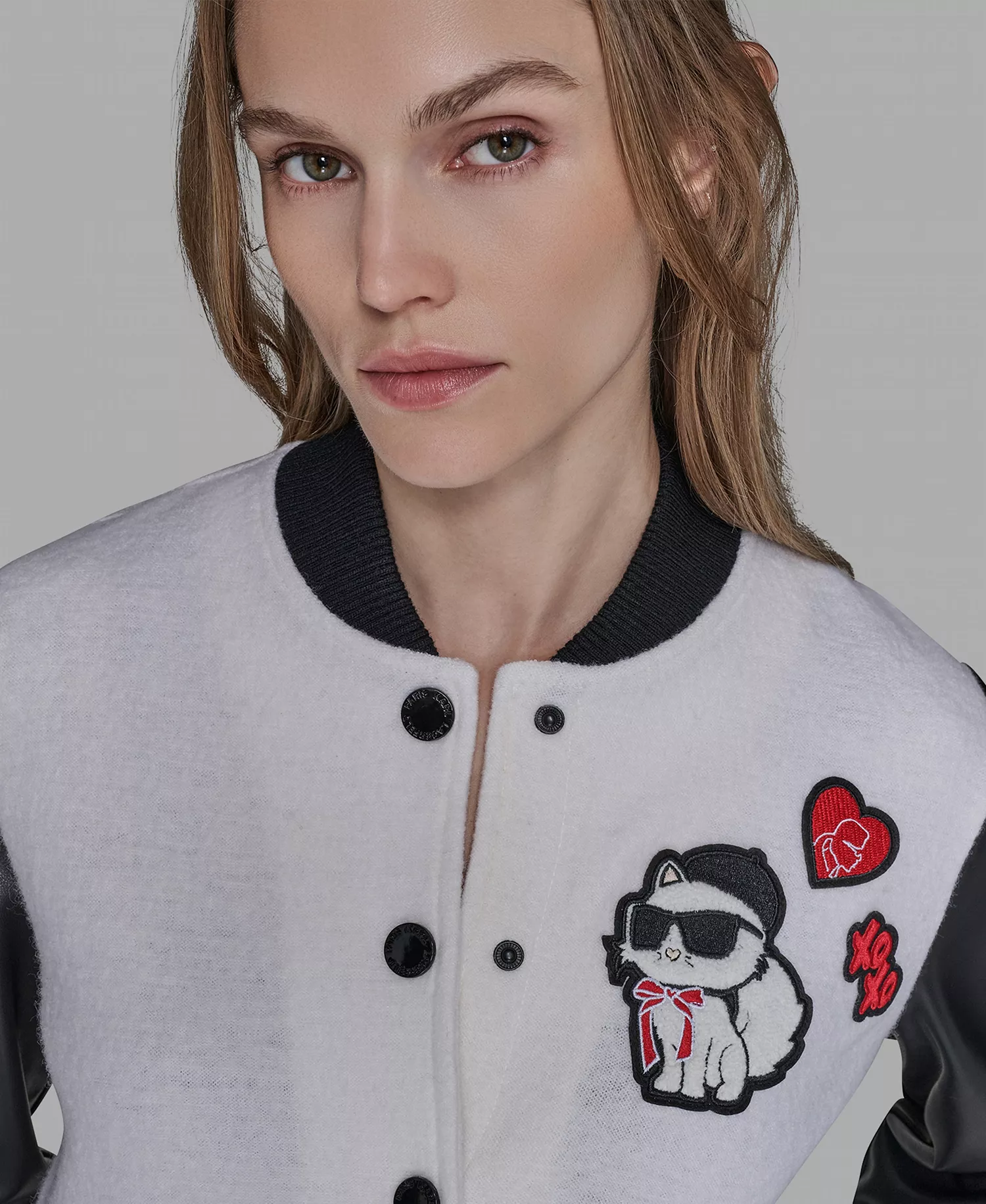 Women's Choupette Knit Bomber Crew Neck Jacket - Soft White/Black - XS