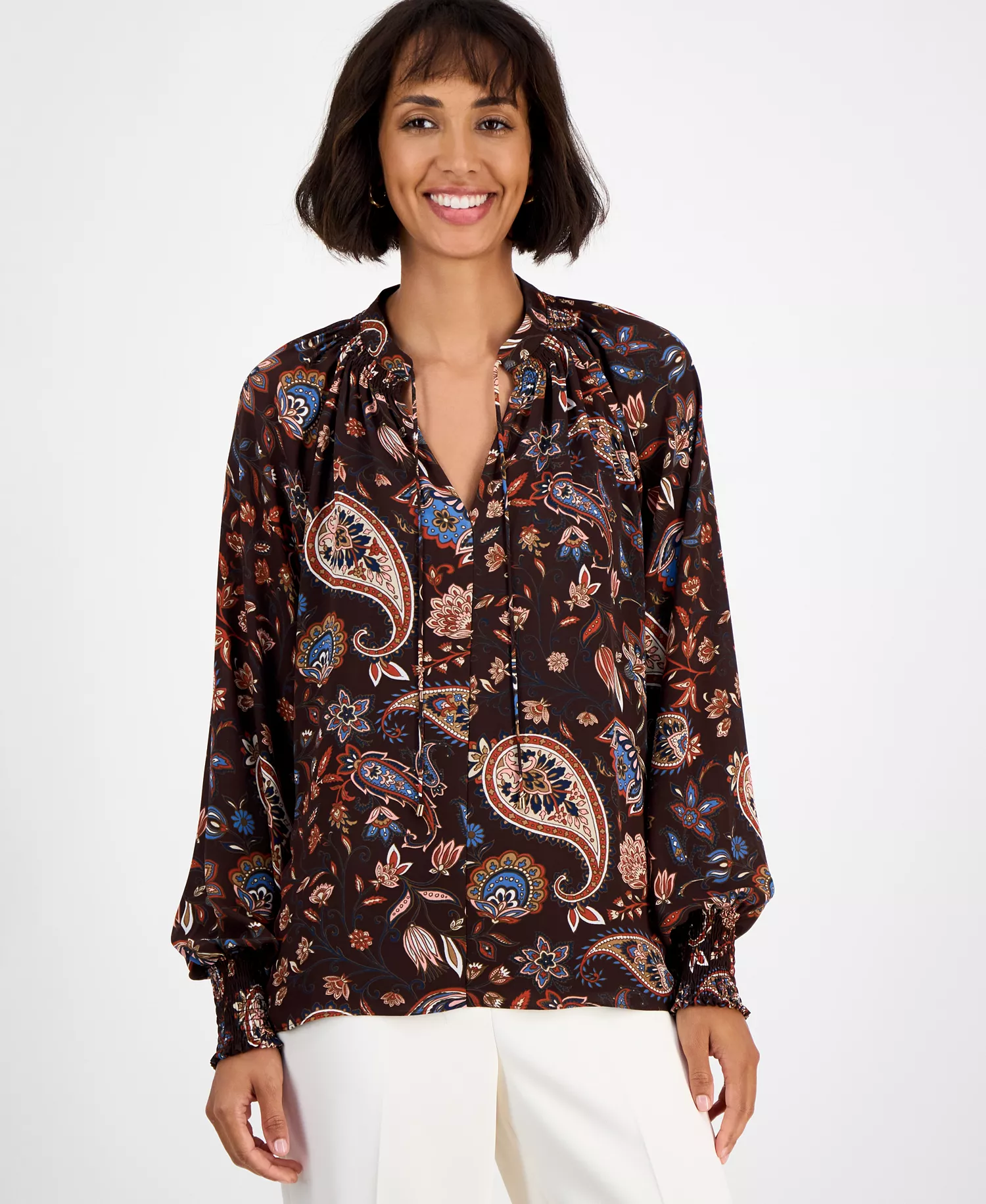 Women's Printed Split-Neck Long-Sleeve Blouse  - Espresso Paisley Print - M