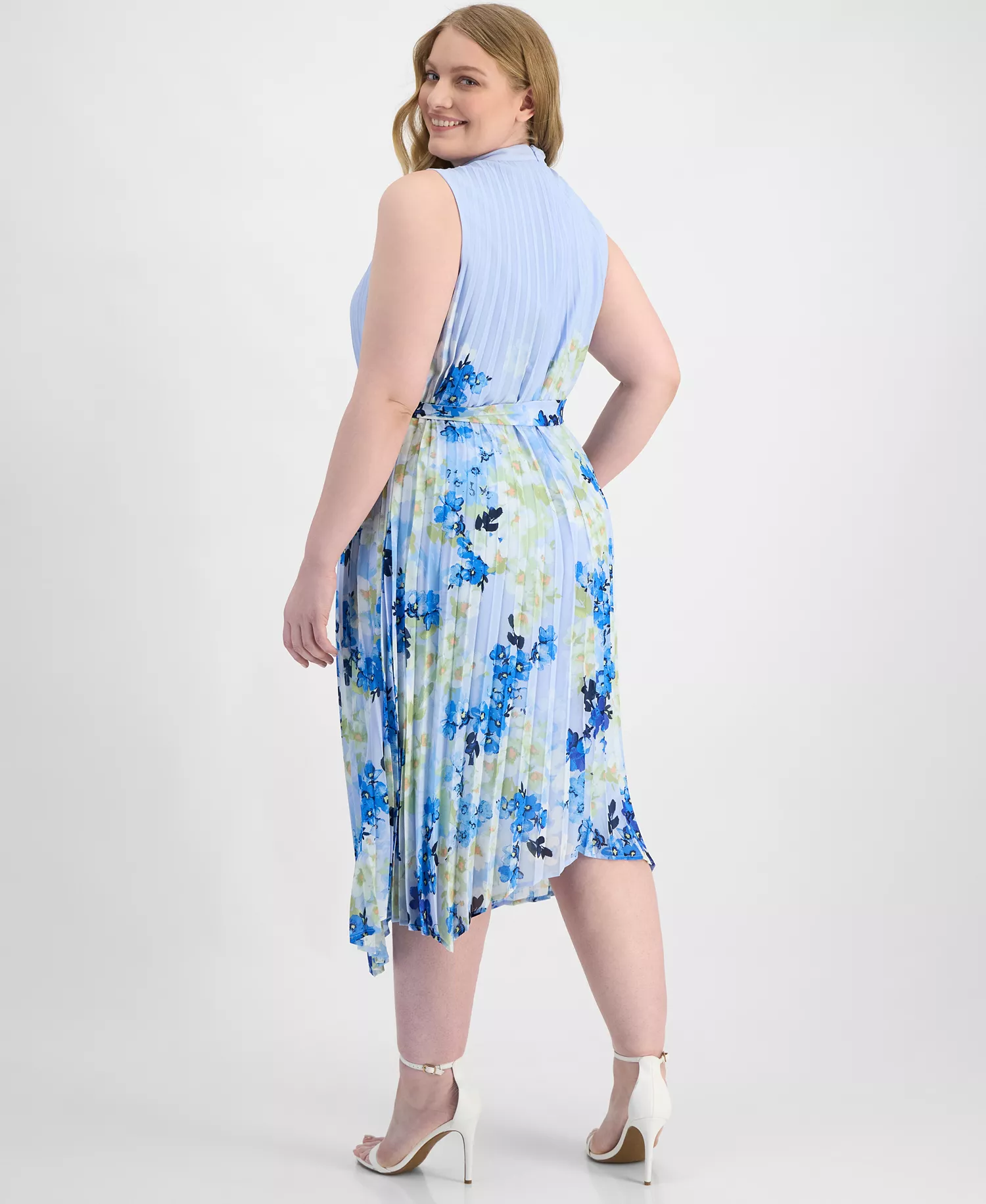 Plus Size Printed Pleated Sleeveless Midi Dress - Ivory/Blue - 14W