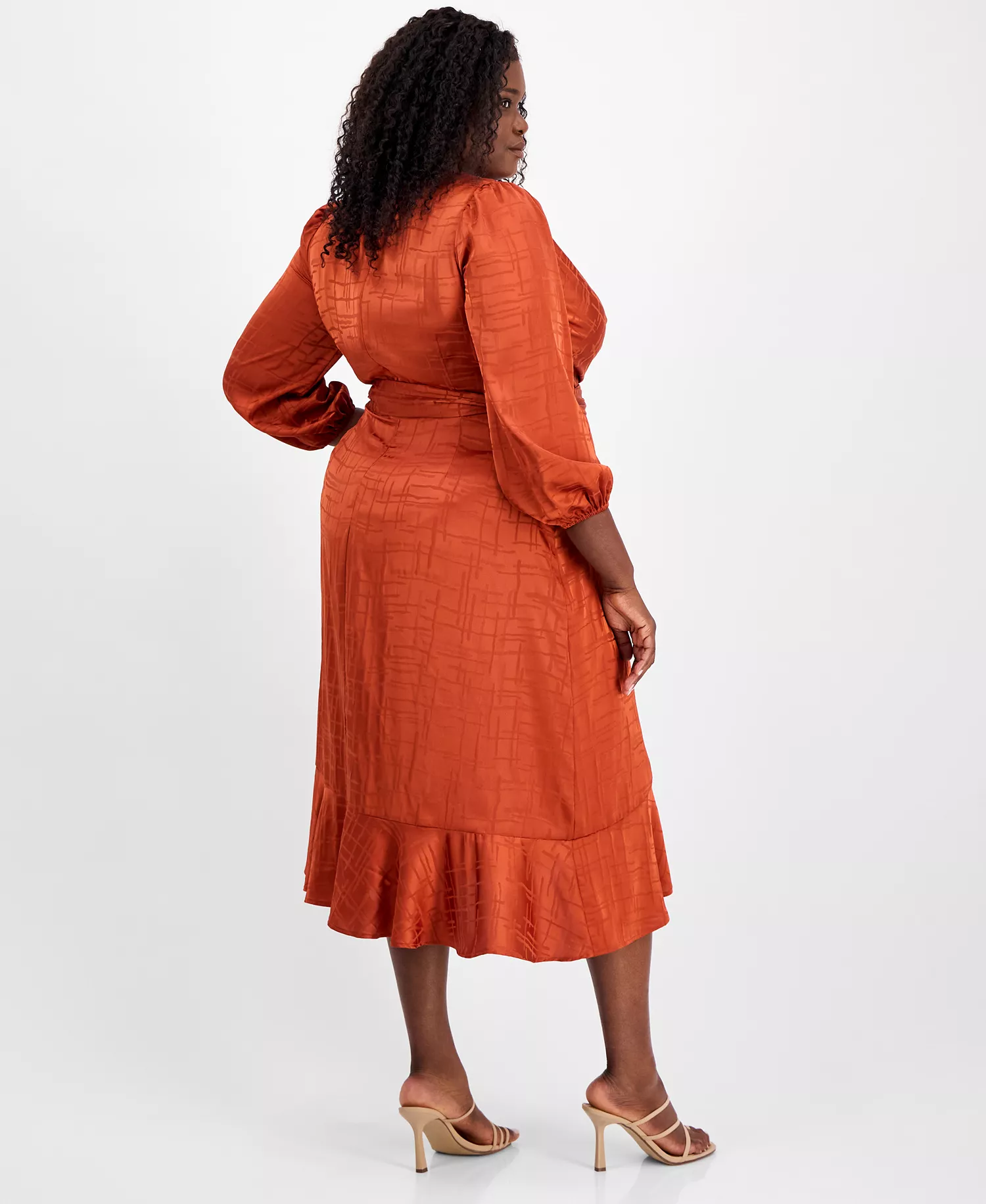 Plus Size Surplice V-Neck Belted Midi Dress - Persimmon - 14W