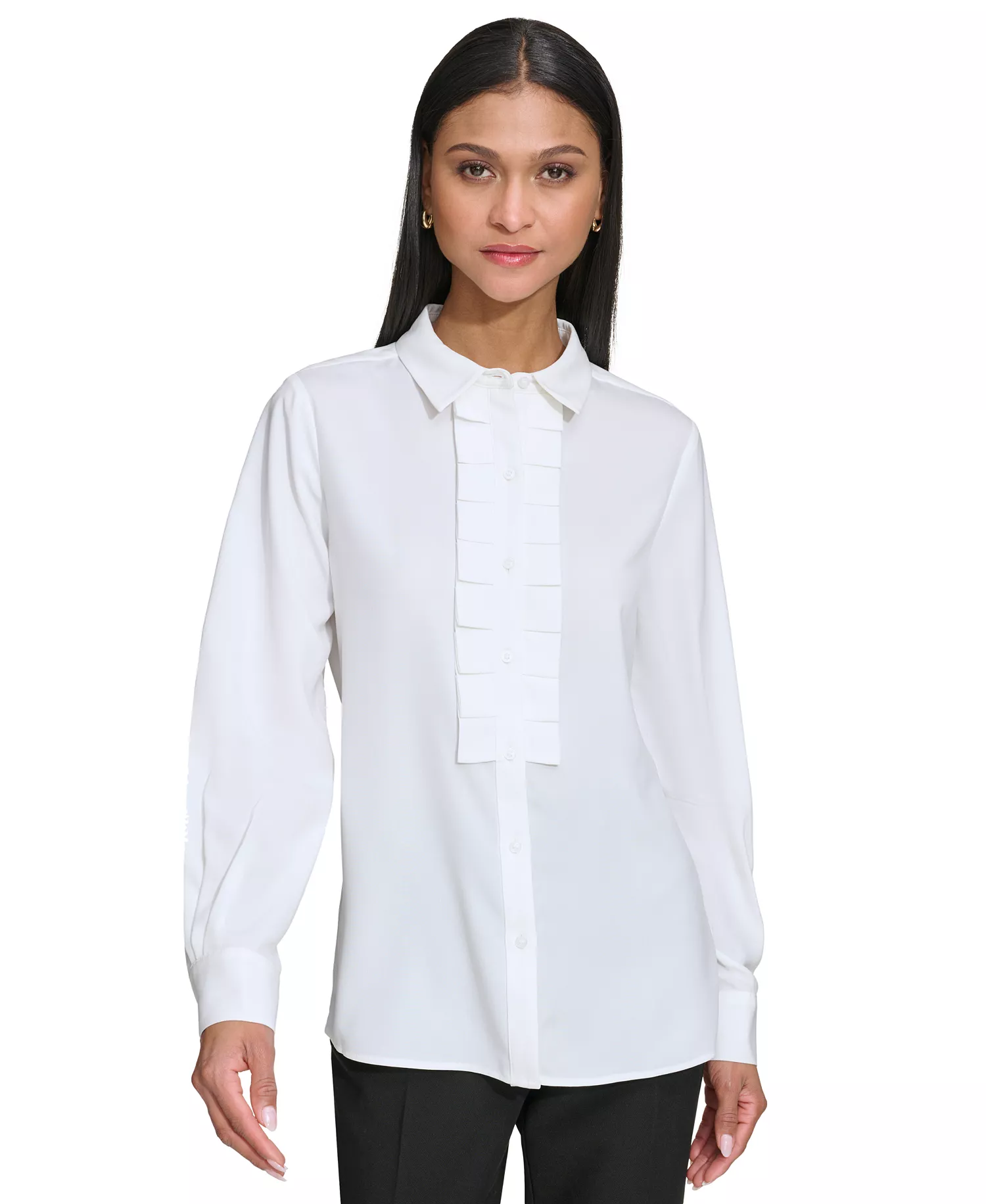 Karl Lagerfeld Women's Collared Pleat-Front Long-Sleeve Top - Soft White - L